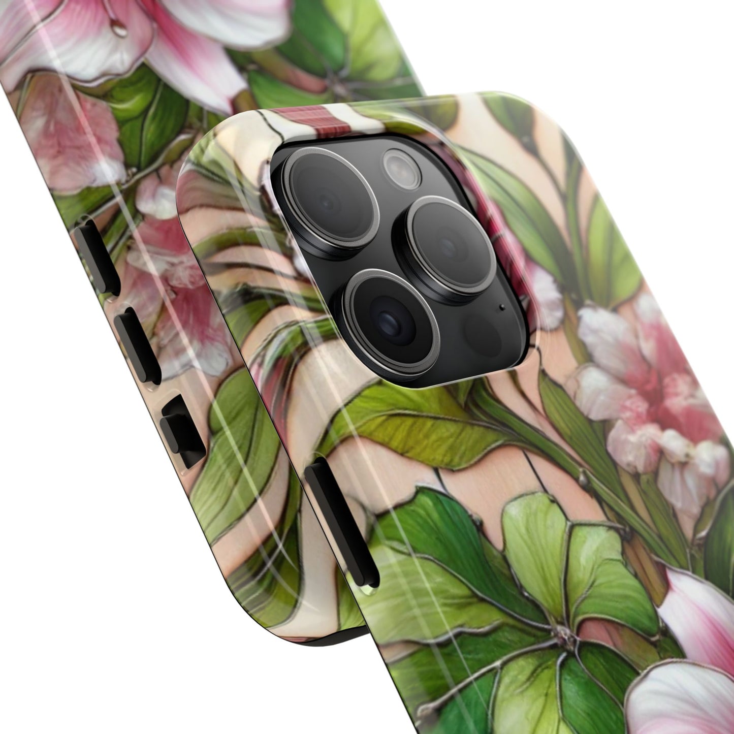 Floral Tough Phone Case - Durable Protection with Tropical Hibiscus Pink and Green Design