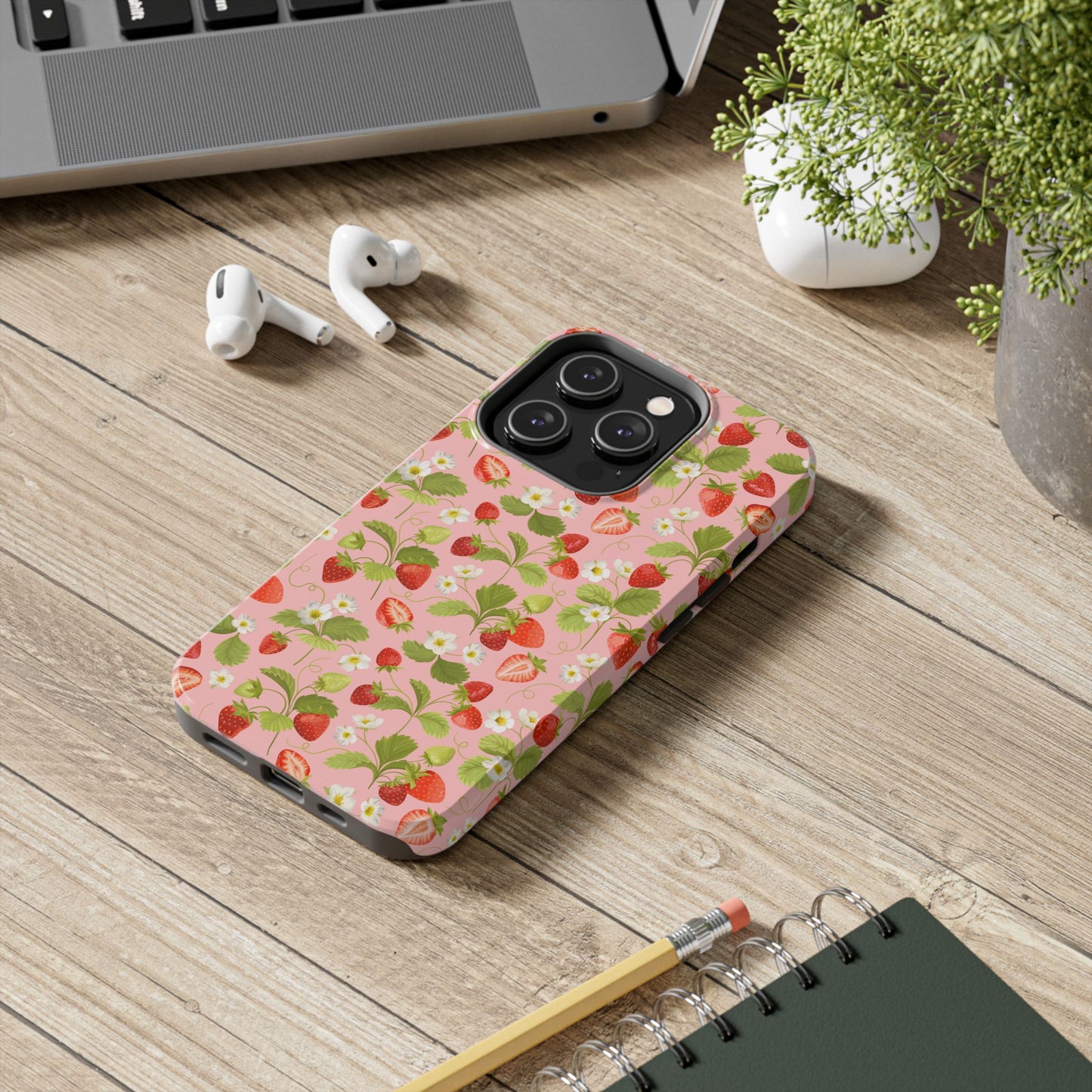 Strawberry Floral Tough Phone Case, Cute Phone Cover, Nature Lovers Gift, Summer Vibe, Durable Phone Protector, Trendy Tech Accessory
