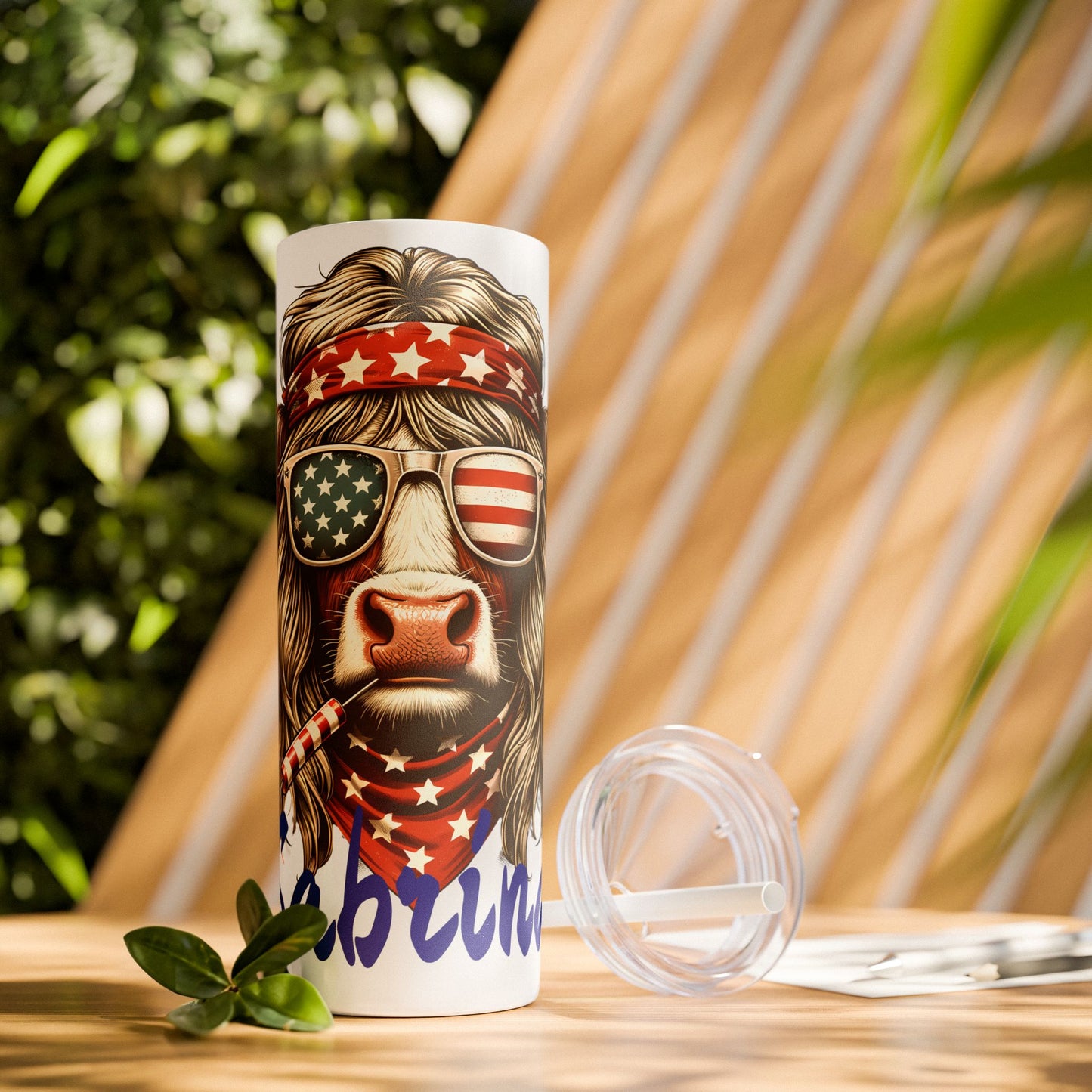 Personalized Patriotic Cow Tumbler, Custom Personalized Skinny Tumbler with Straw for Fourth of July