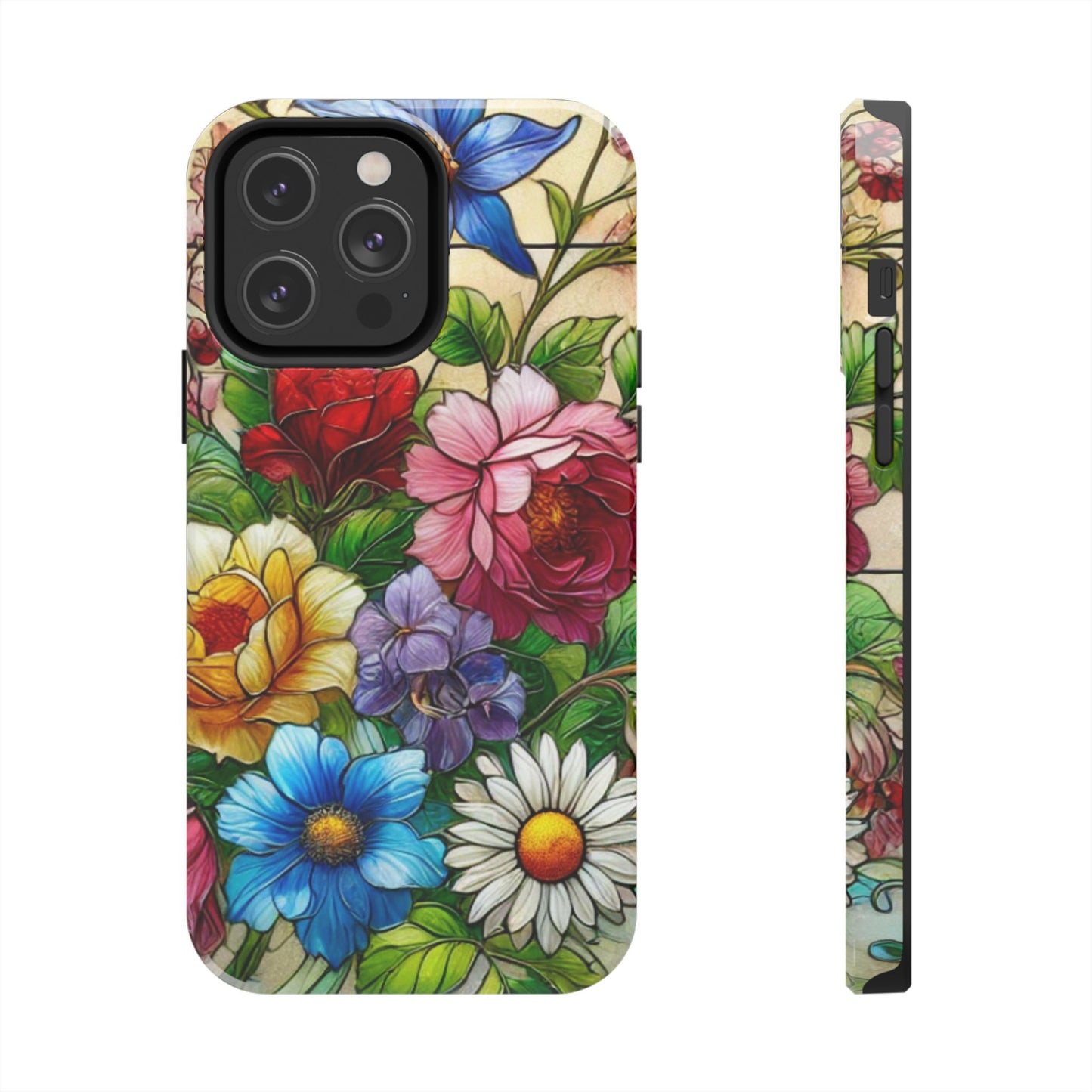 Colorful Floral Stained Glass Look Tough Phone Case - Durable Protection with Vibrant Flower Design