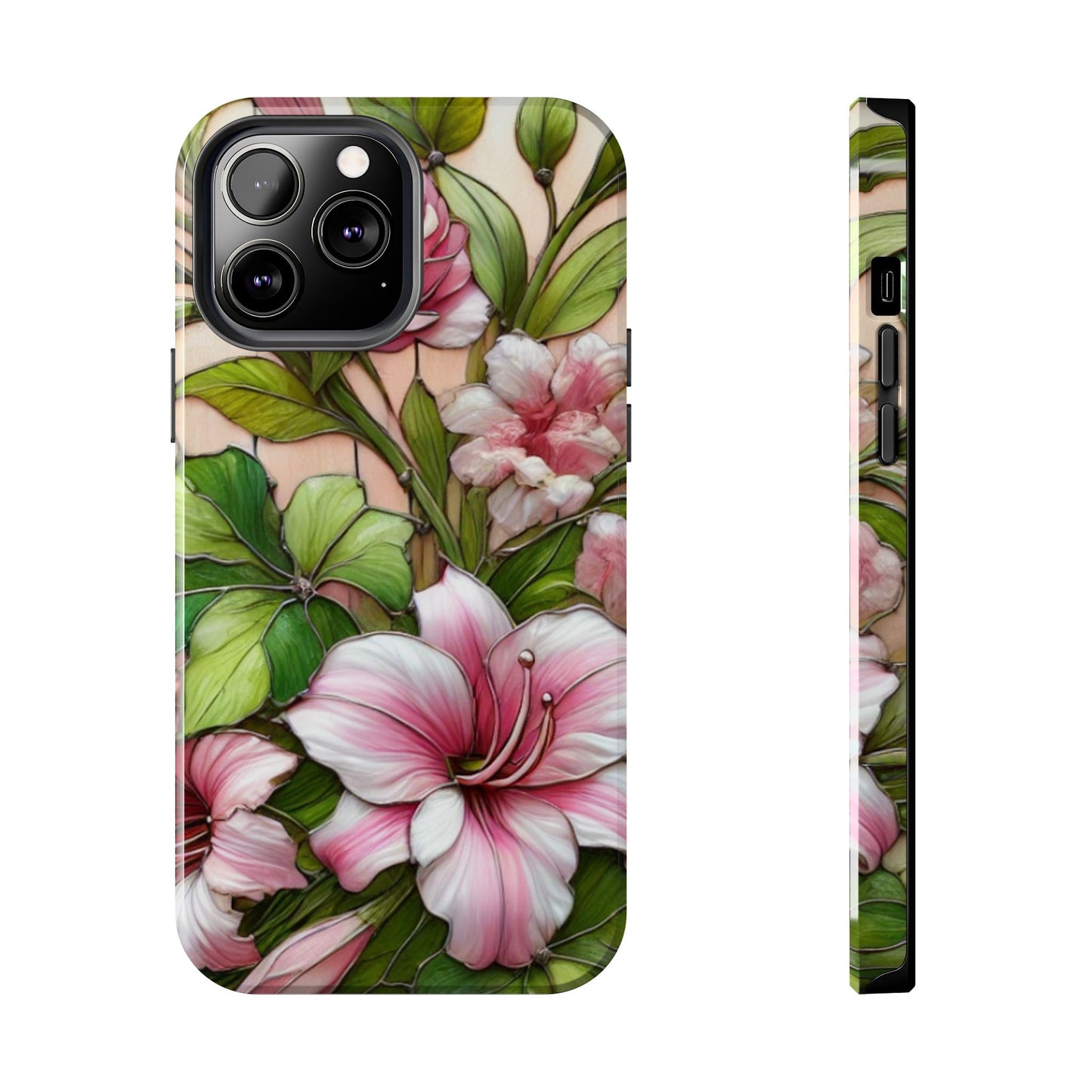 Floral Tough Phone Case - Durable Protection with Tropical Hibiscus Pink and Green Design