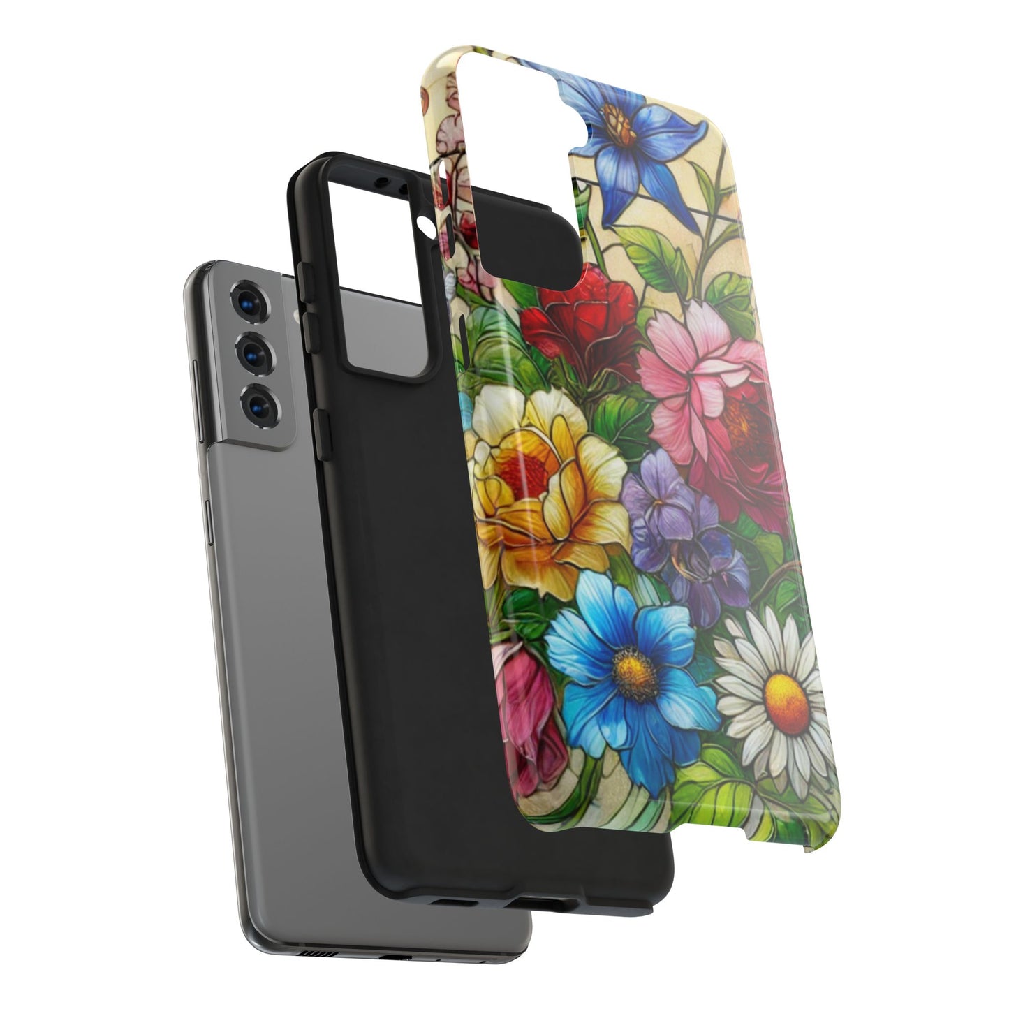 Colorful Floral Stained Glass Look Tough Phone Case - Durable Protection with Vibrant Flower Design