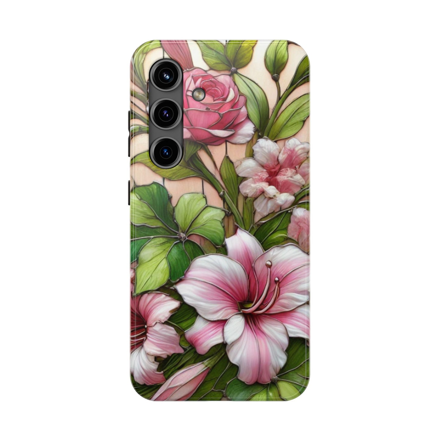 Floral Tough Phone Case - Durable Protection with Tropical Hibiscus Pink and Green Design