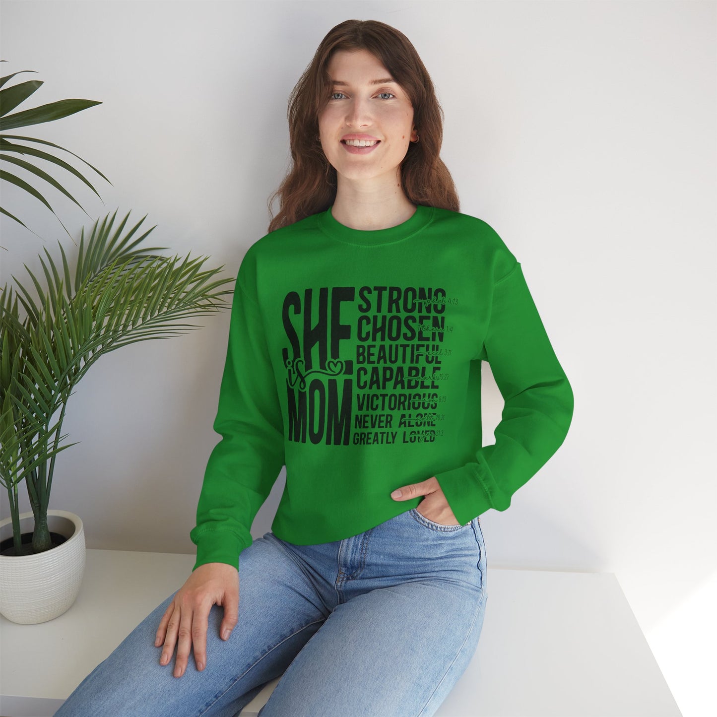Inspirational Mom Crewneck Sweatshirt - Strong, Chosen, Capable Design