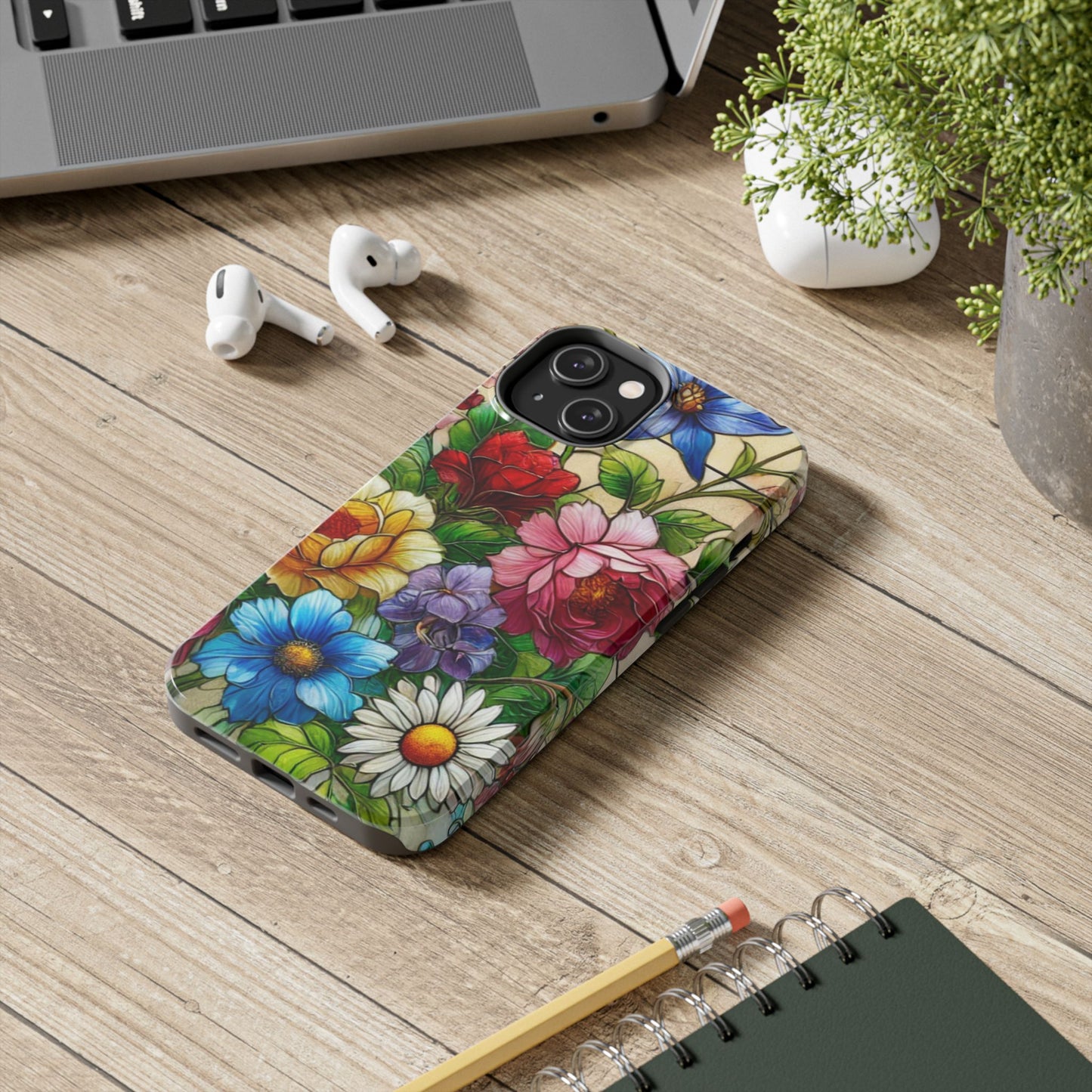 Colorful Floral Stained Glass Look Tough Phone Case - Durable Protection with Vibrant Flower Design