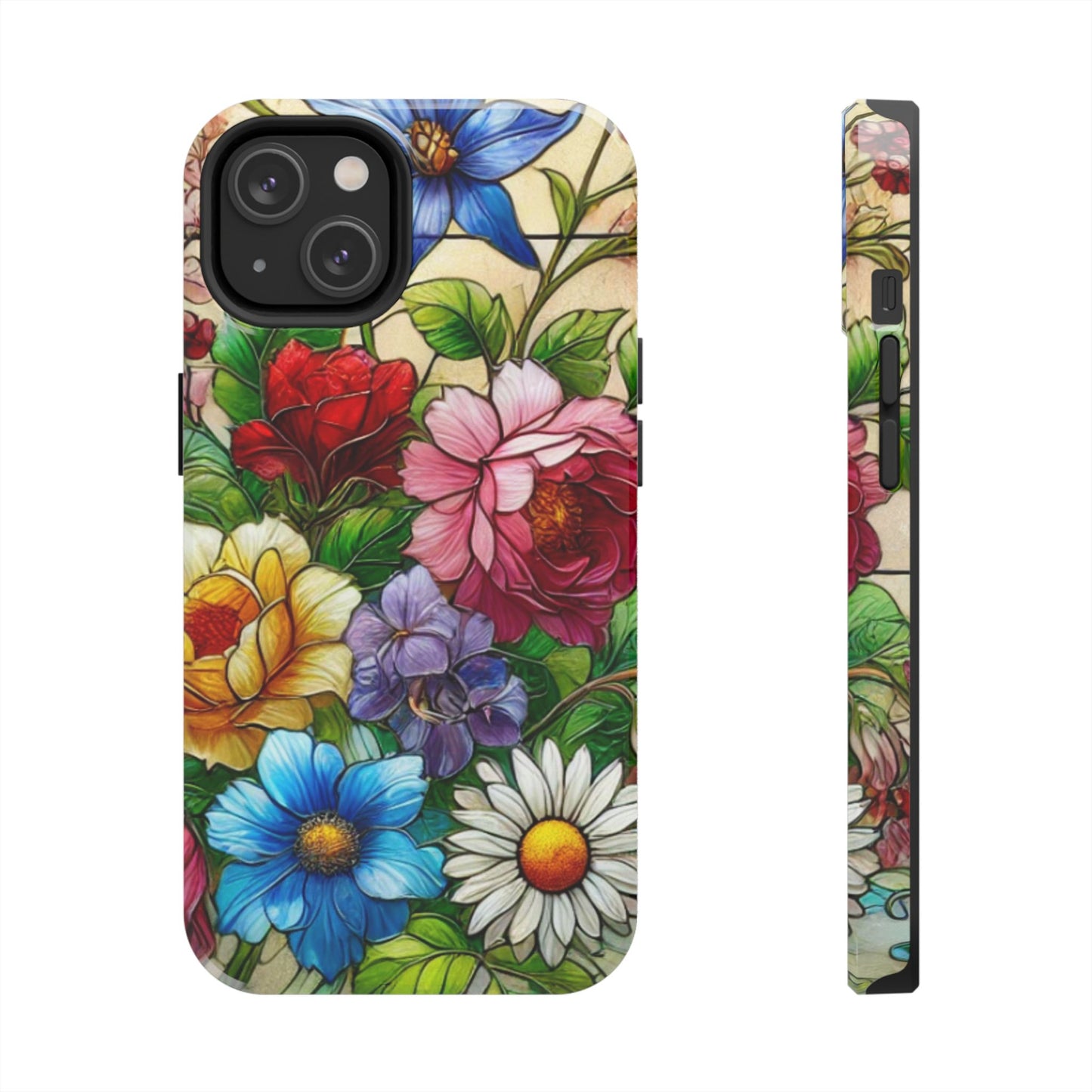 Colorful Floral Stained Glass Look Tough Phone Case - Durable Protection with Vibrant Flower Design