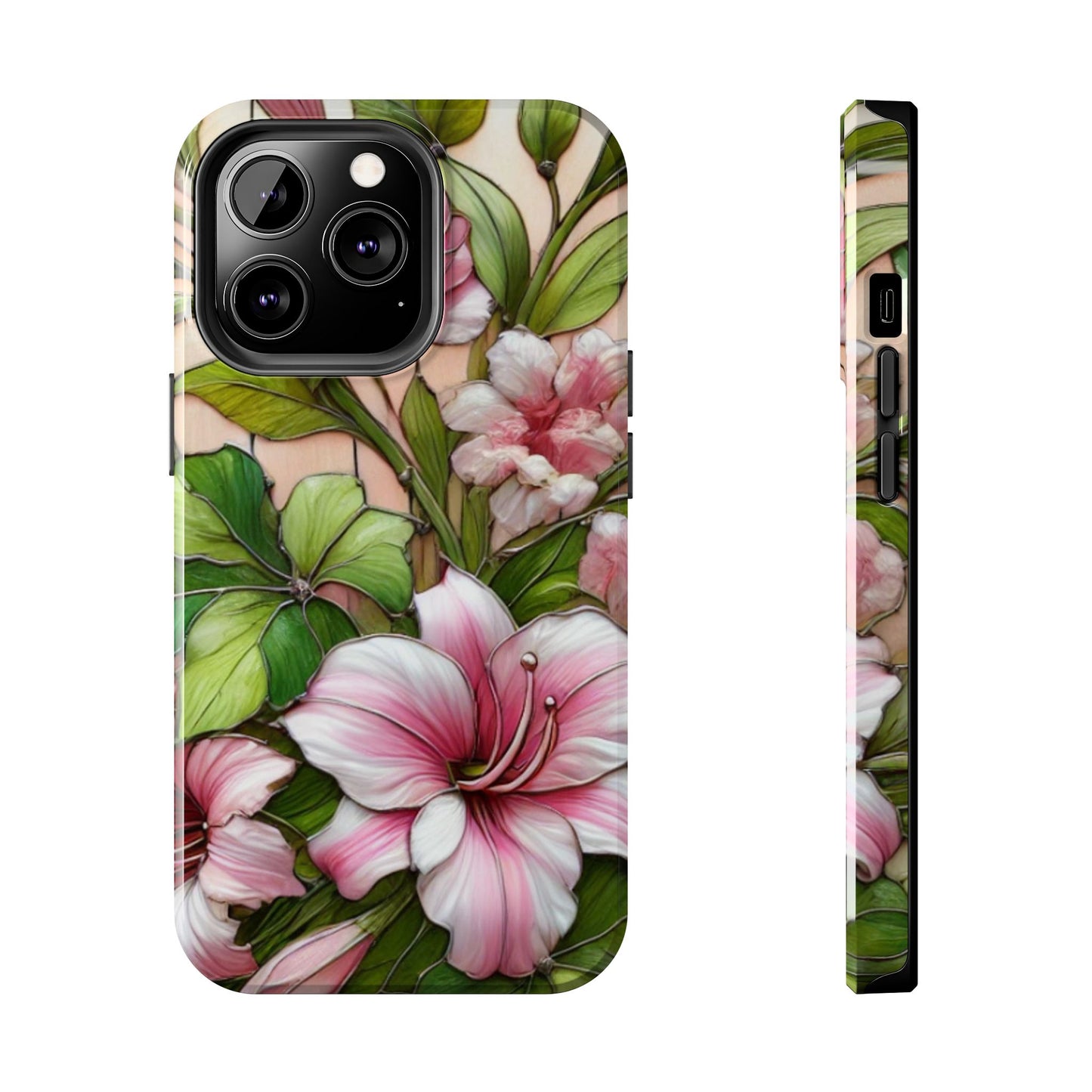 Floral Tough Phone Case - Durable Protection with Tropical Hibiscus Pink and Green Design