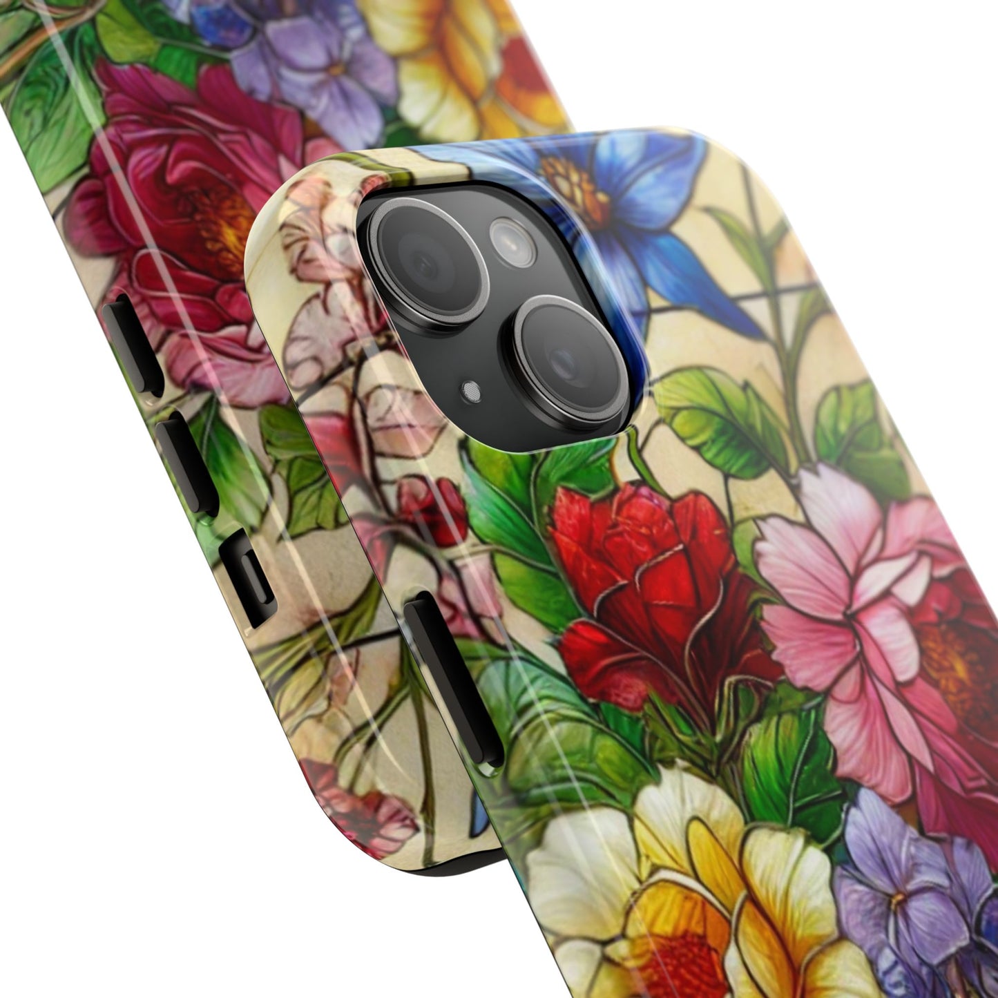 Colorful Floral Stained Glass Look Tough Phone Case - Durable Protection with Vibrant Flower Design