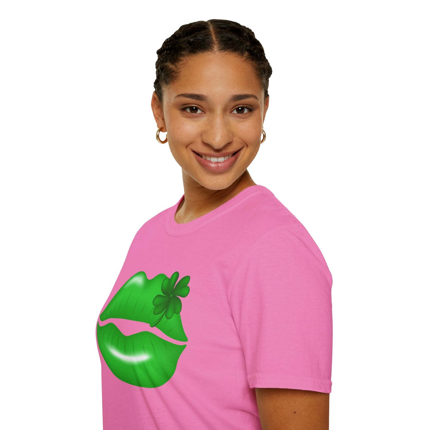 Luck of the Irish Unisex Softstyle T-Shirt - Green Kiss & Shamrock Design