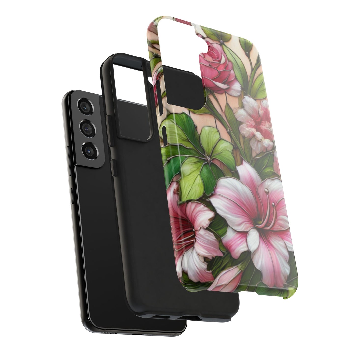 Floral Tough Phone Case - Durable Protection with Tropical Hibiscus Pink and Green Design