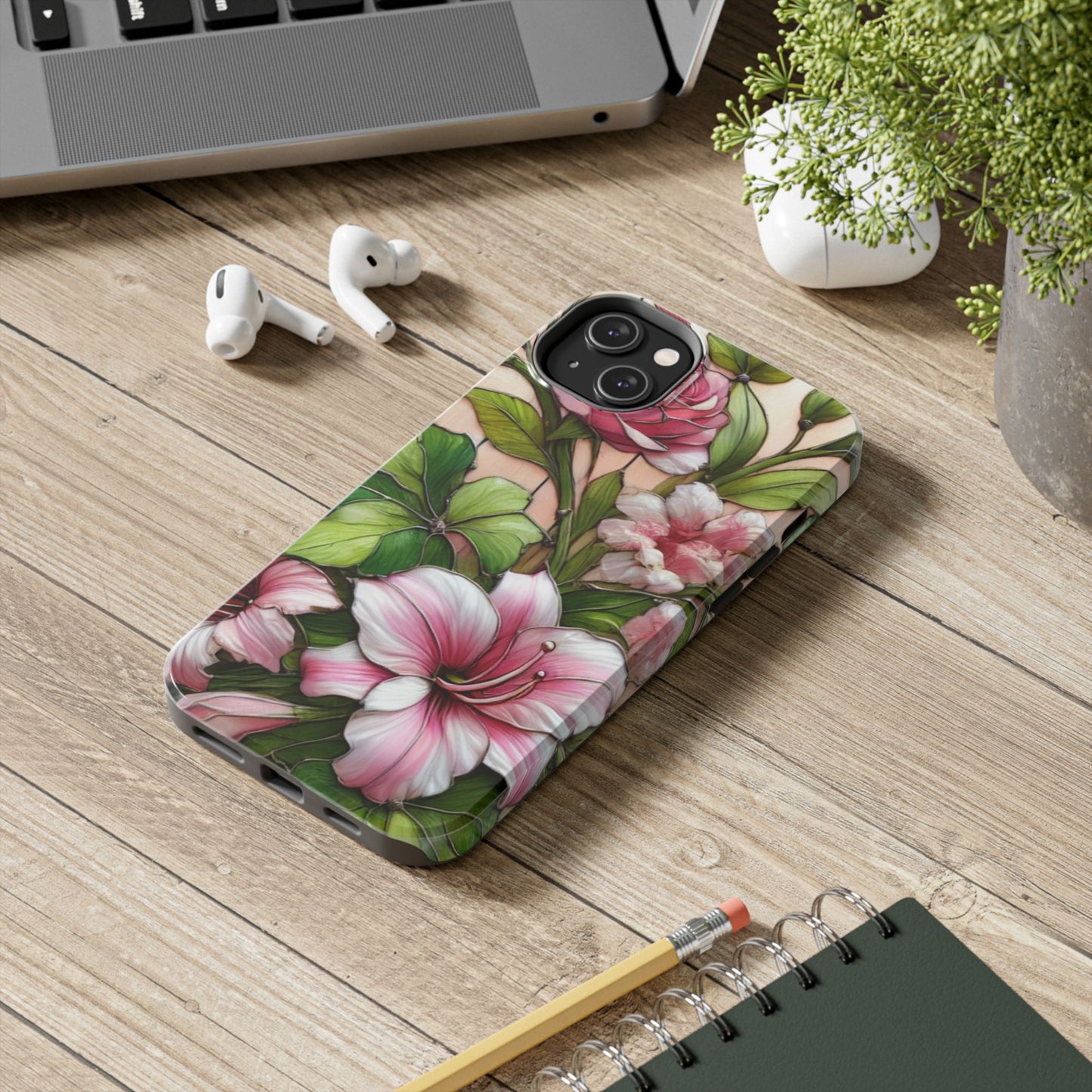 Floral Tough Phone Case - Durable Protection with Tropical Hibiscus Pink and Green Design
