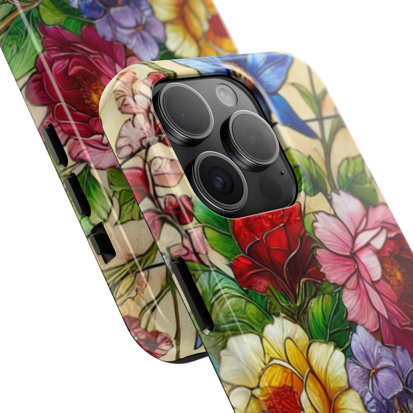 Colorful Floral Stained Glass Look Tough Phone Case - Durable Protection with Vibrant Flower Design