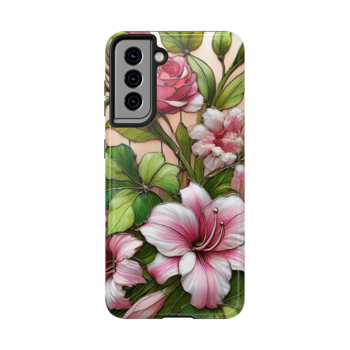 Floral Tough Phone Case - Durable Protection with Tropical Hibiscus Pink and Green Design