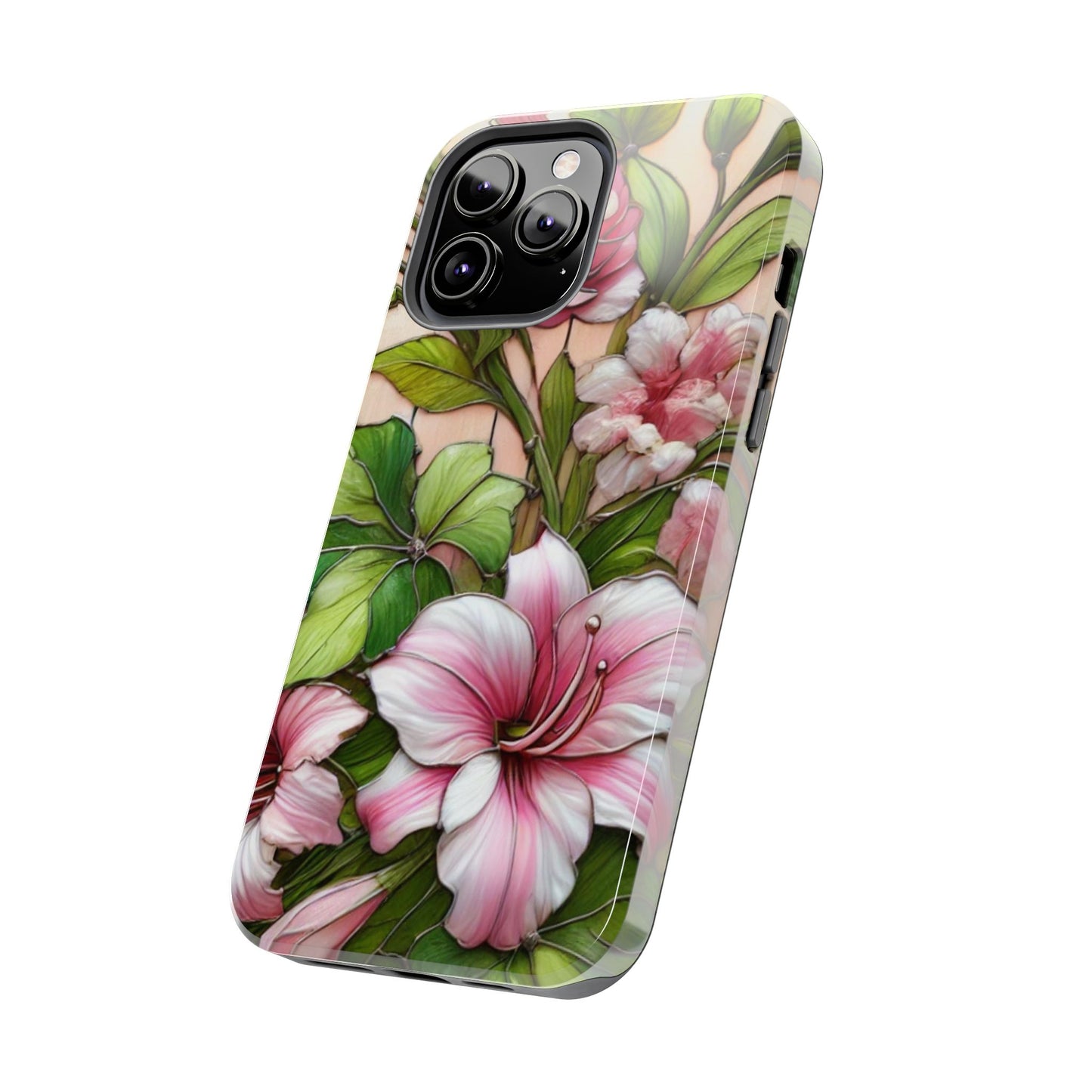 Floral Tough Phone Case - Durable Protection with Tropical Hibiscus Pink and Green Design