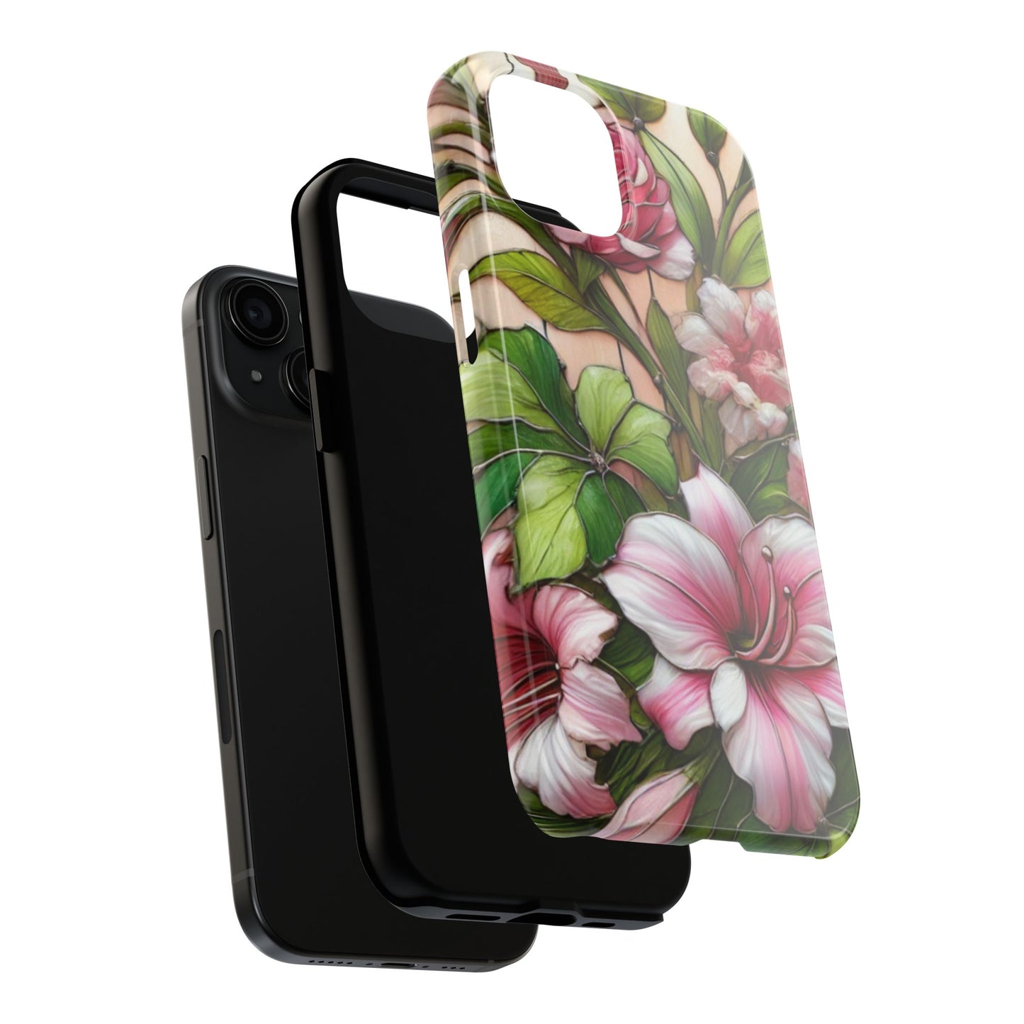 Floral Tough Phone Case - Durable Protection with Tropical Hibiscus Pink and Green Design