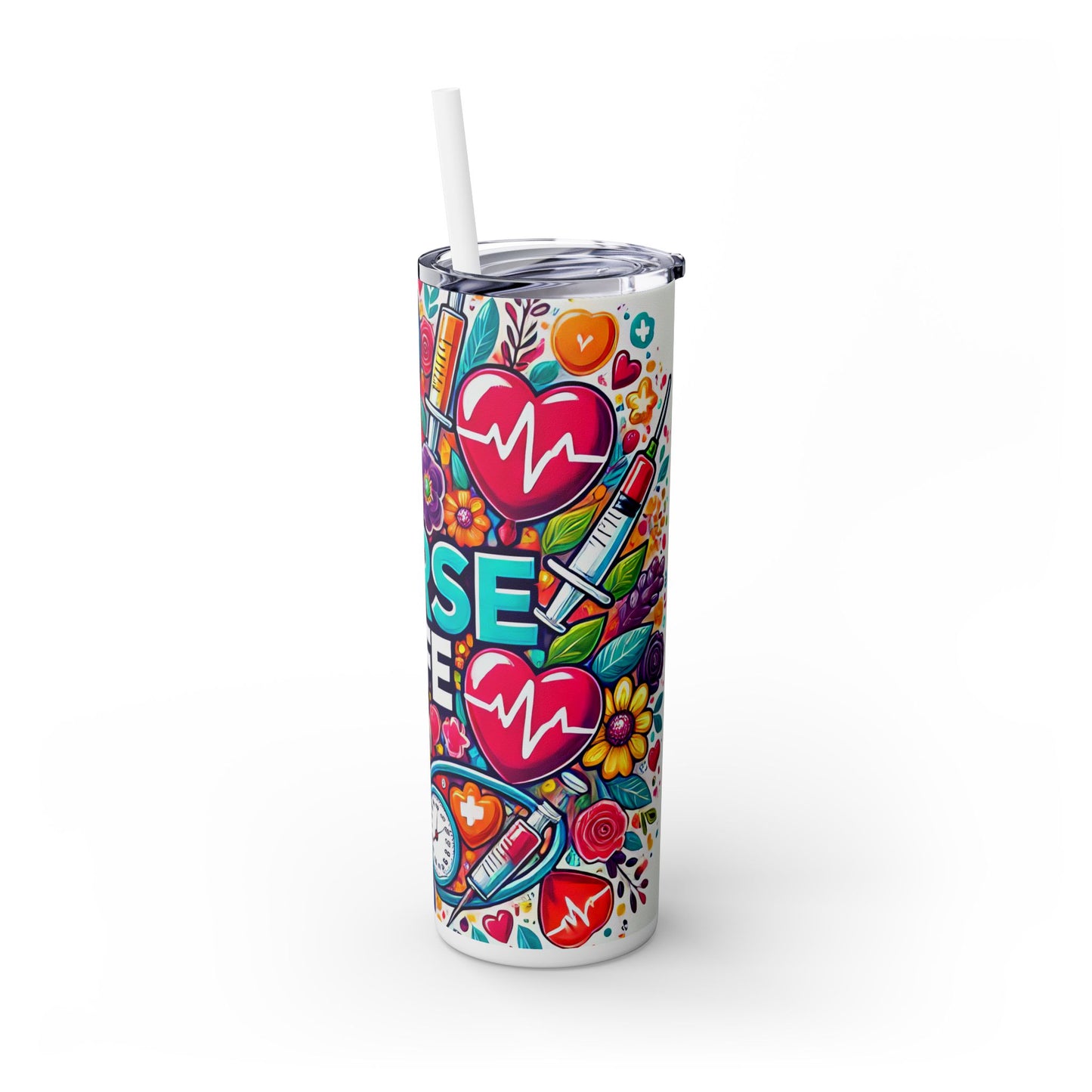 Nurse Life Tumbler with Straw - 20oz, Colorful Floral Design