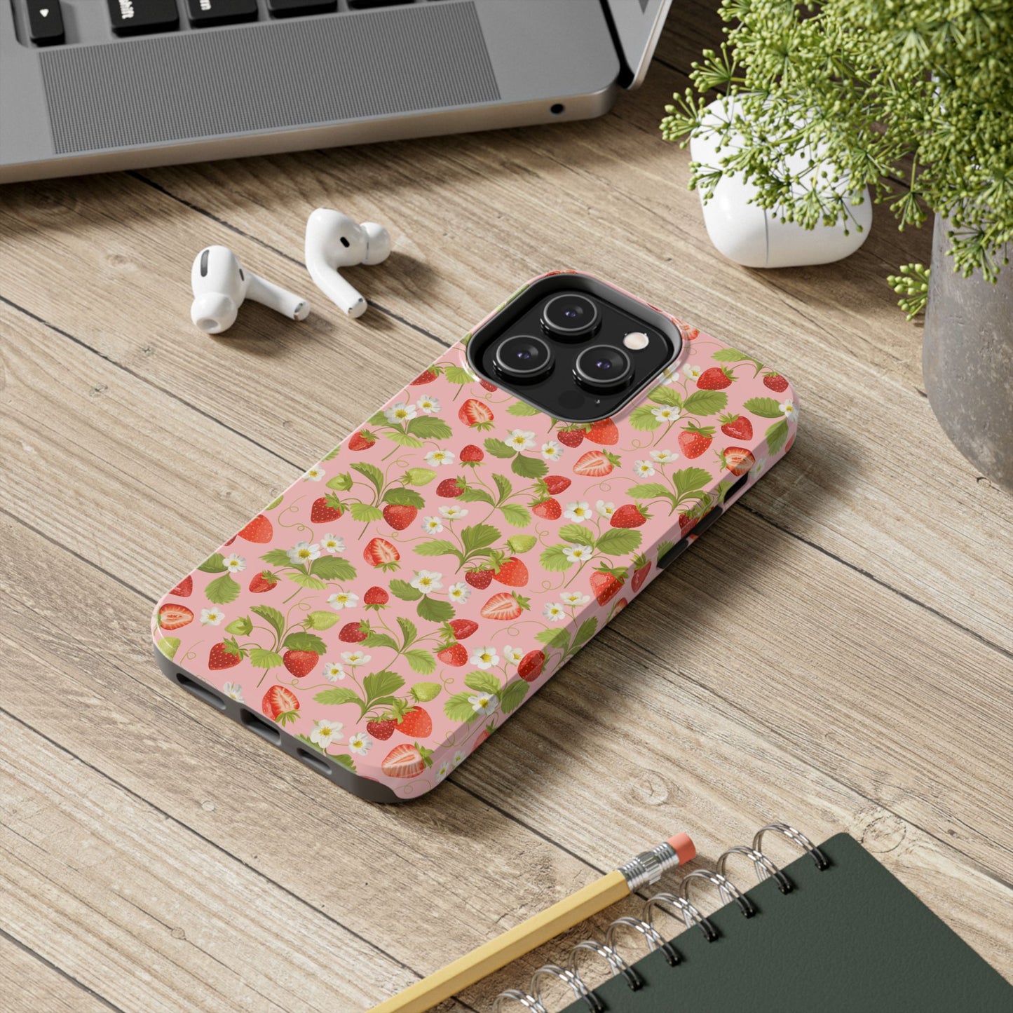 Strawberry Floral Tough Phone Case, Cute Phone Cover, Nature Lovers Gift, Summer Vibe, Durable Phone Protector, Trendy Tech Accessory