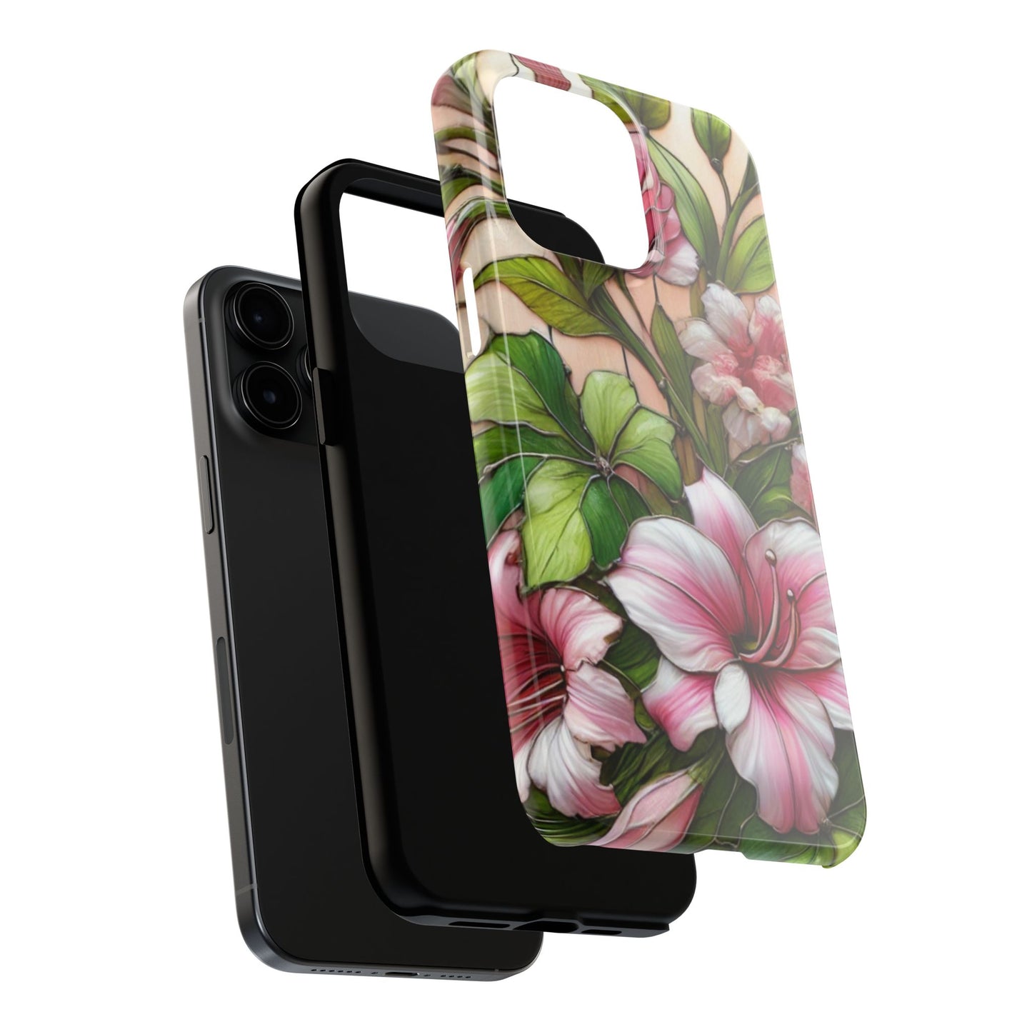 Floral Tough Phone Case - Durable Protection with Tropical Hibiscus Pink and Green Design