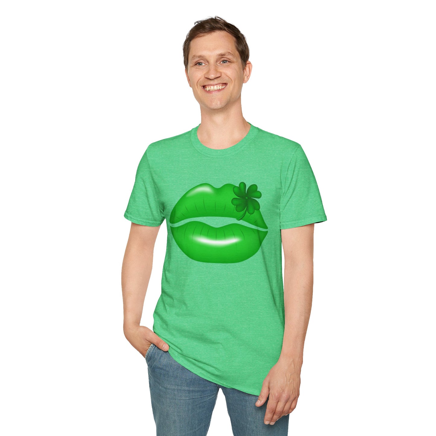 Luck of the Irish Unisex Softstyle T-Shirt - Green Kiss & Shamrock Design