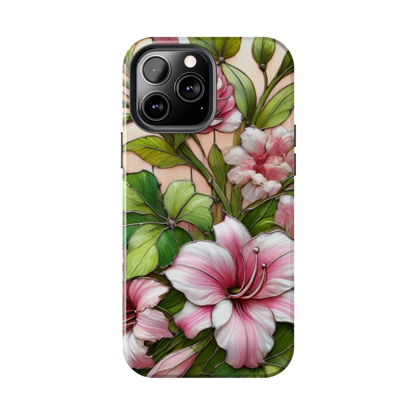 Floral Tough Phone Case - Durable Protection with Tropical Hibiscus Pink and Green Design