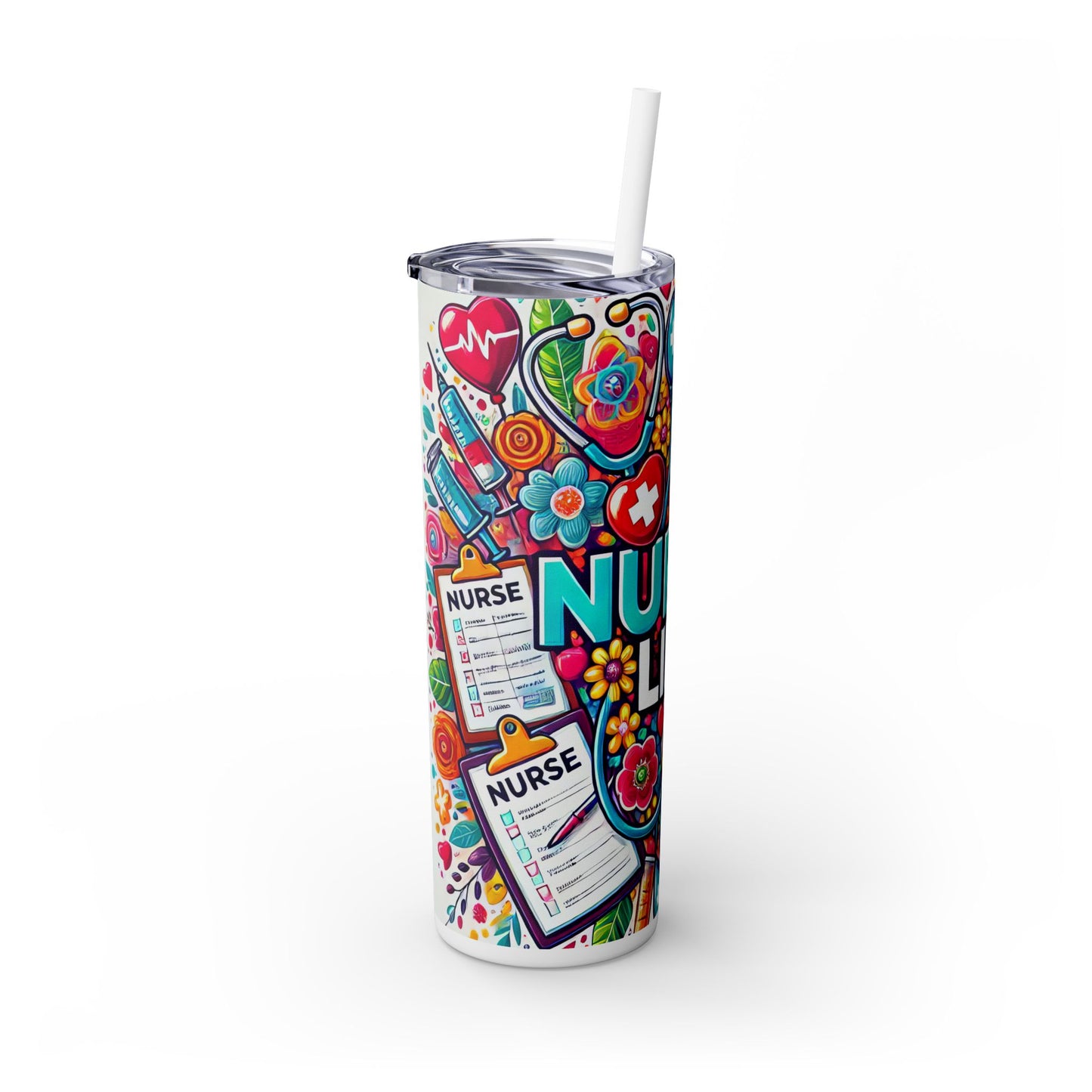 Nurse Life Tumbler with Straw - 20oz, Colorful Floral Design