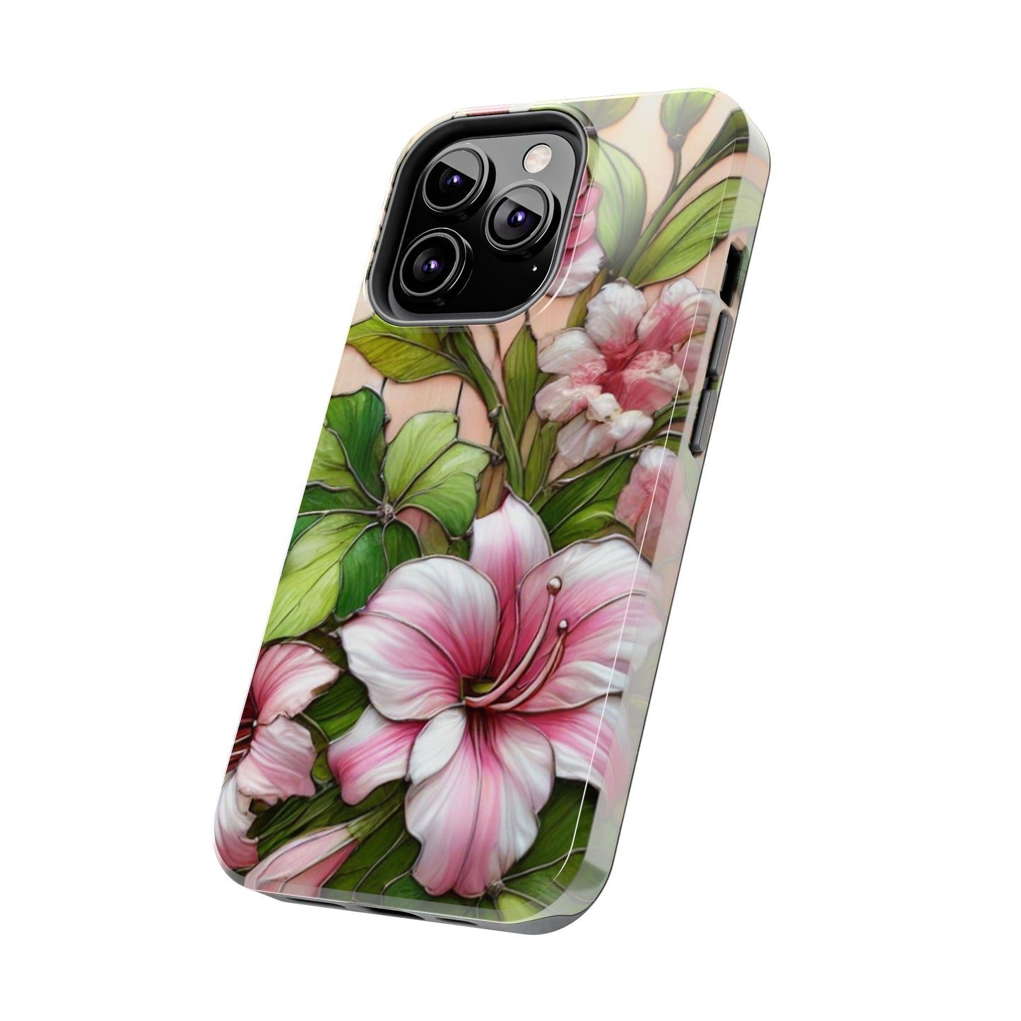 Floral Tough Phone Case - Durable Protection with Tropical Hibiscus Pink and Green Design