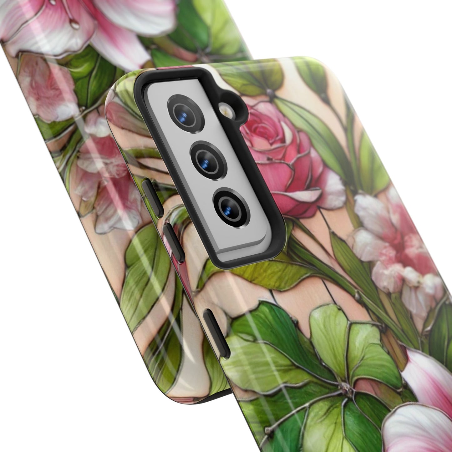 Floral Tough Phone Case - Durable Protection with Tropical Hibiscus Pink and Green Design