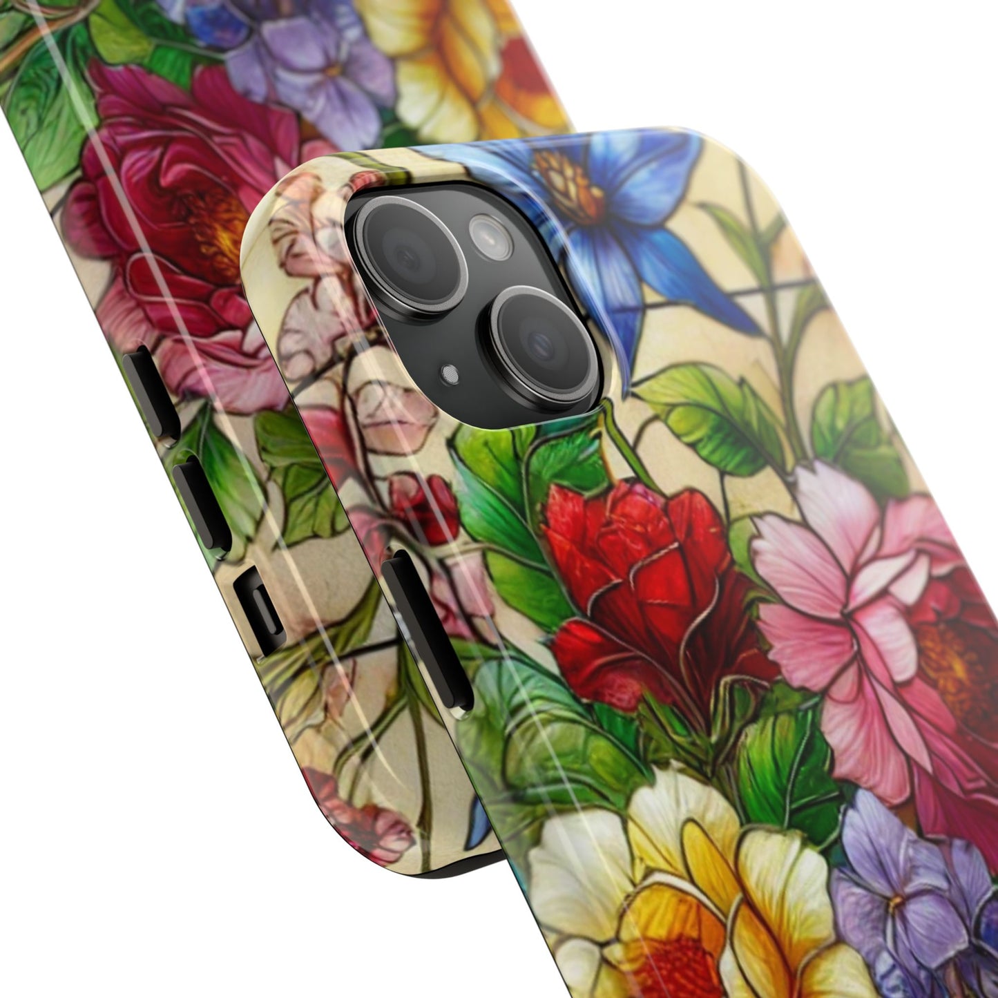 Colorful Floral Stained Glass Look Tough Phone Case - Durable Protection with Vibrant Flower Design
