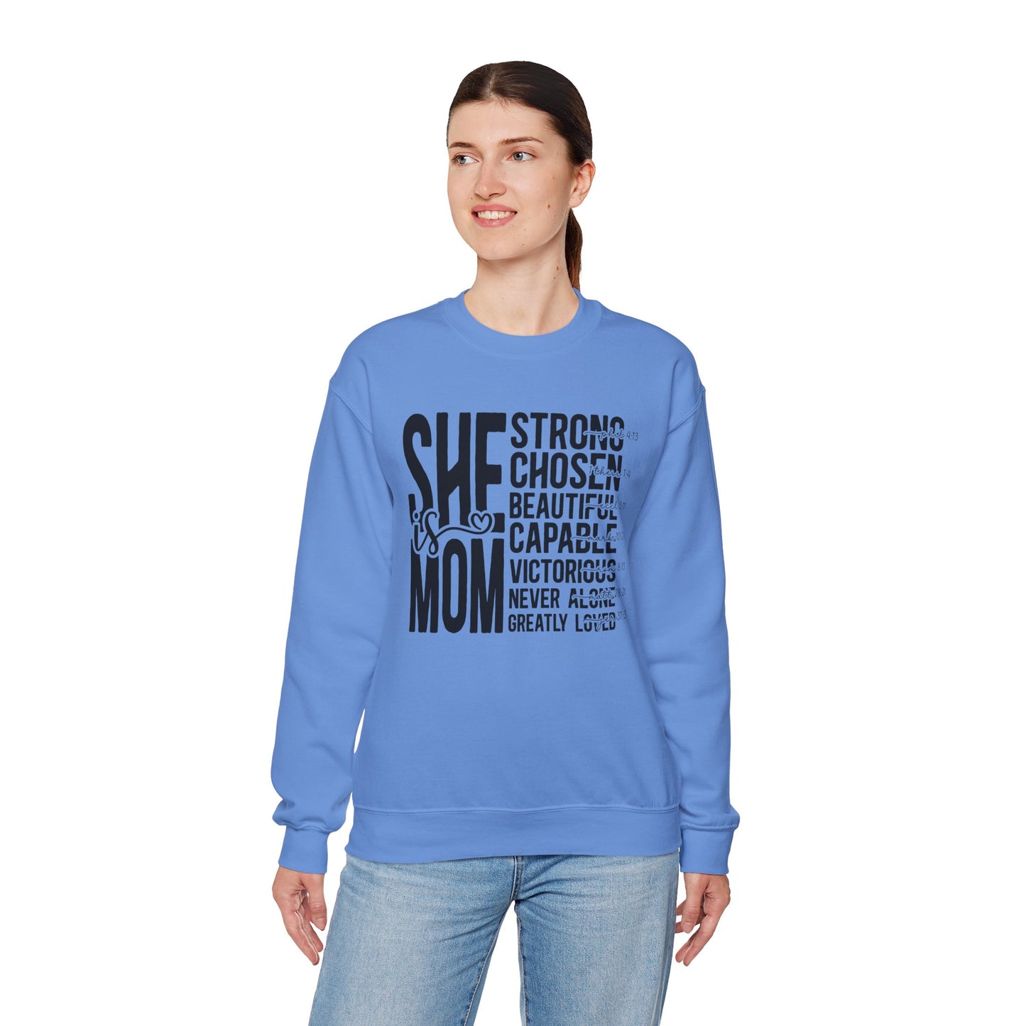 Inspirational Mom Crewneck Sweatshirt - Strong, Chosen, Capable Design