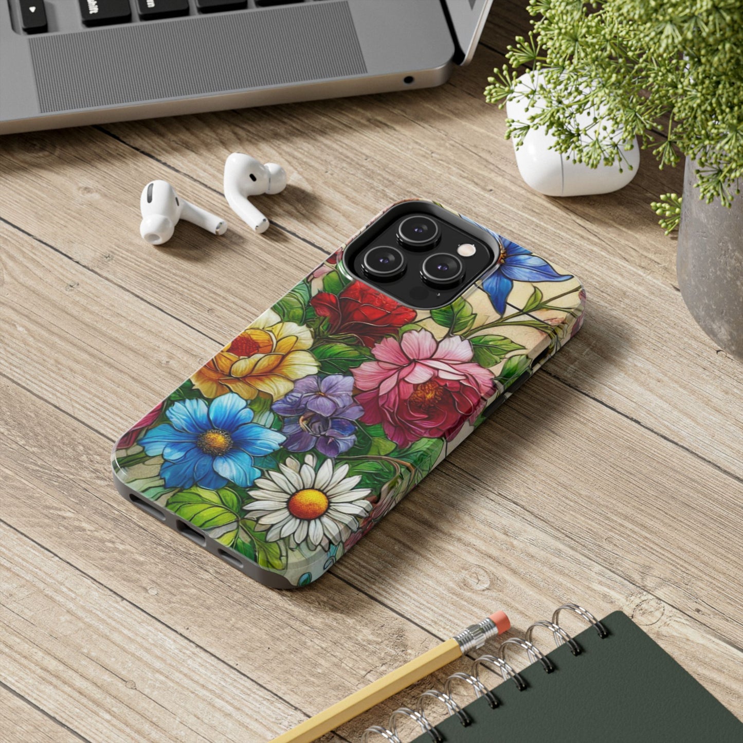 Colorful Floral Stained Glass Look Tough Phone Case - Durable Protection with Vibrant Flower Design