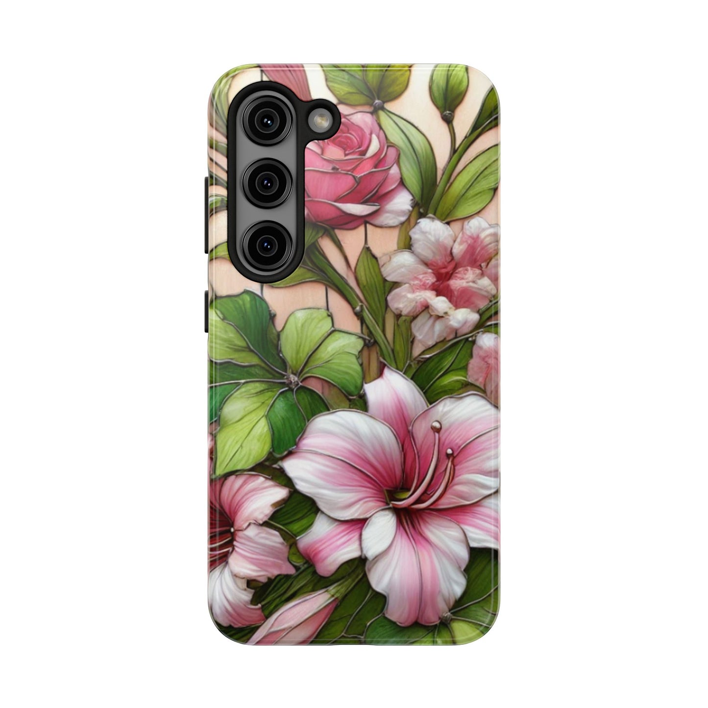 Floral Tough Phone Case - Durable Protection with Tropical Hibiscus Pink and Green Design