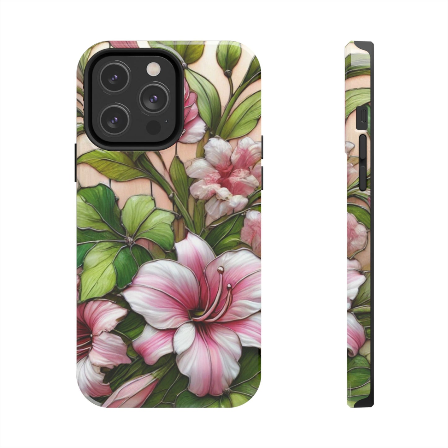 Floral Tough Phone Case - Durable Protection with Tropical Hibiscus Pink and Green Design