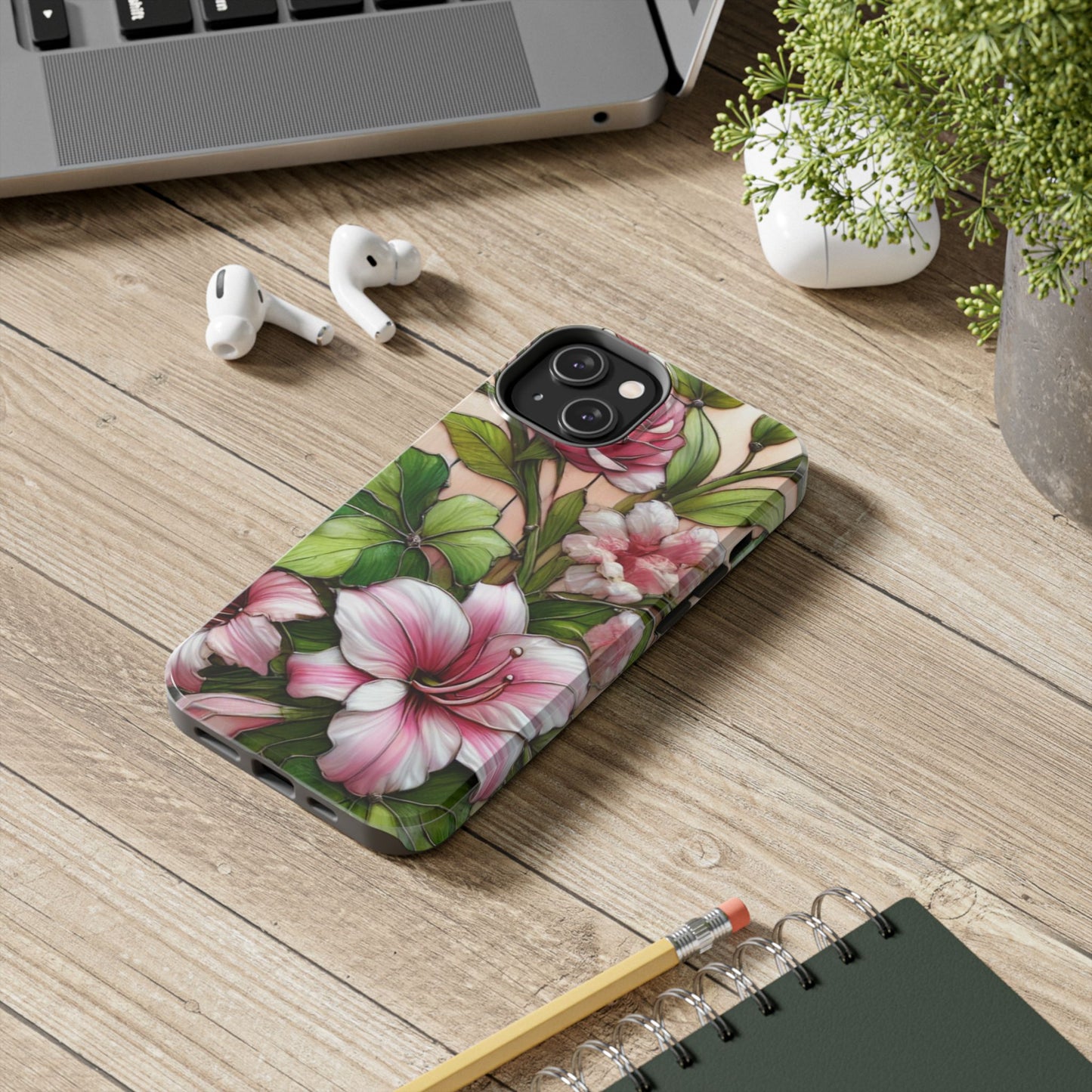 Floral Tough Phone Case - Durable Protection with Tropical Hibiscus Pink and Green Design