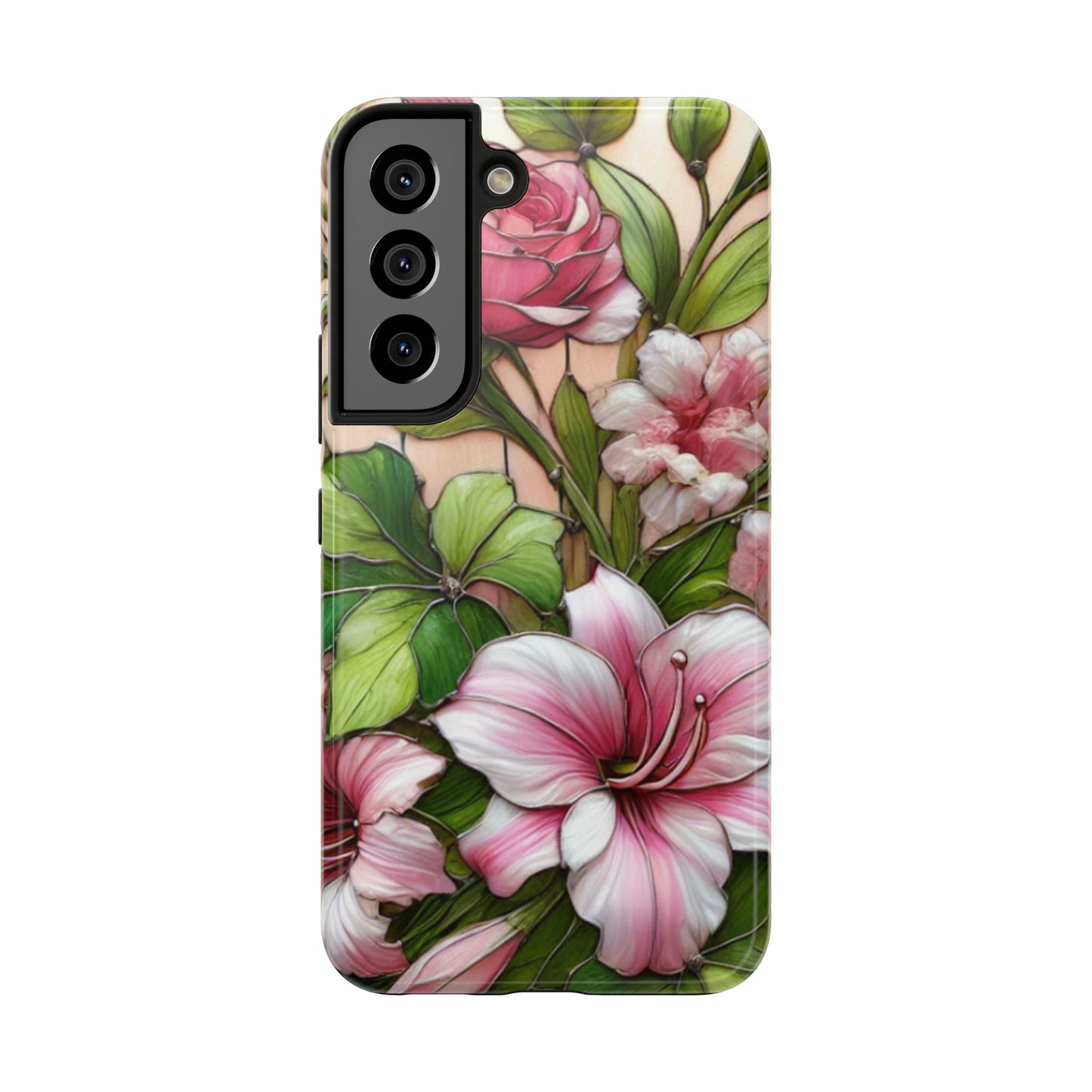 Floral Tough Phone Case - Durable Protection with Tropical Hibiscus Pink and Green Design