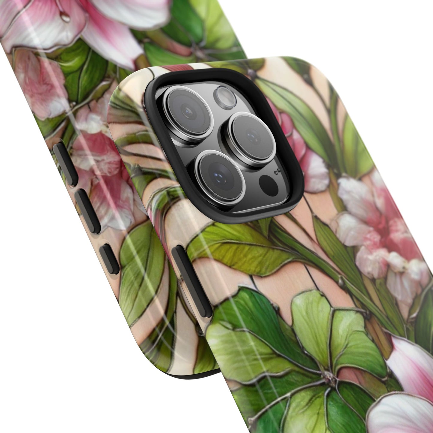 Floral Tough Phone Case - Durable Protection with Tropical Hibiscus Pink and Green Design