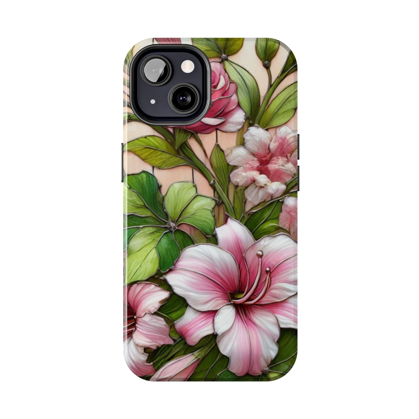 Floral Tough Phone Case - Durable Protection with Tropical Hibiscus Pink and Green Design