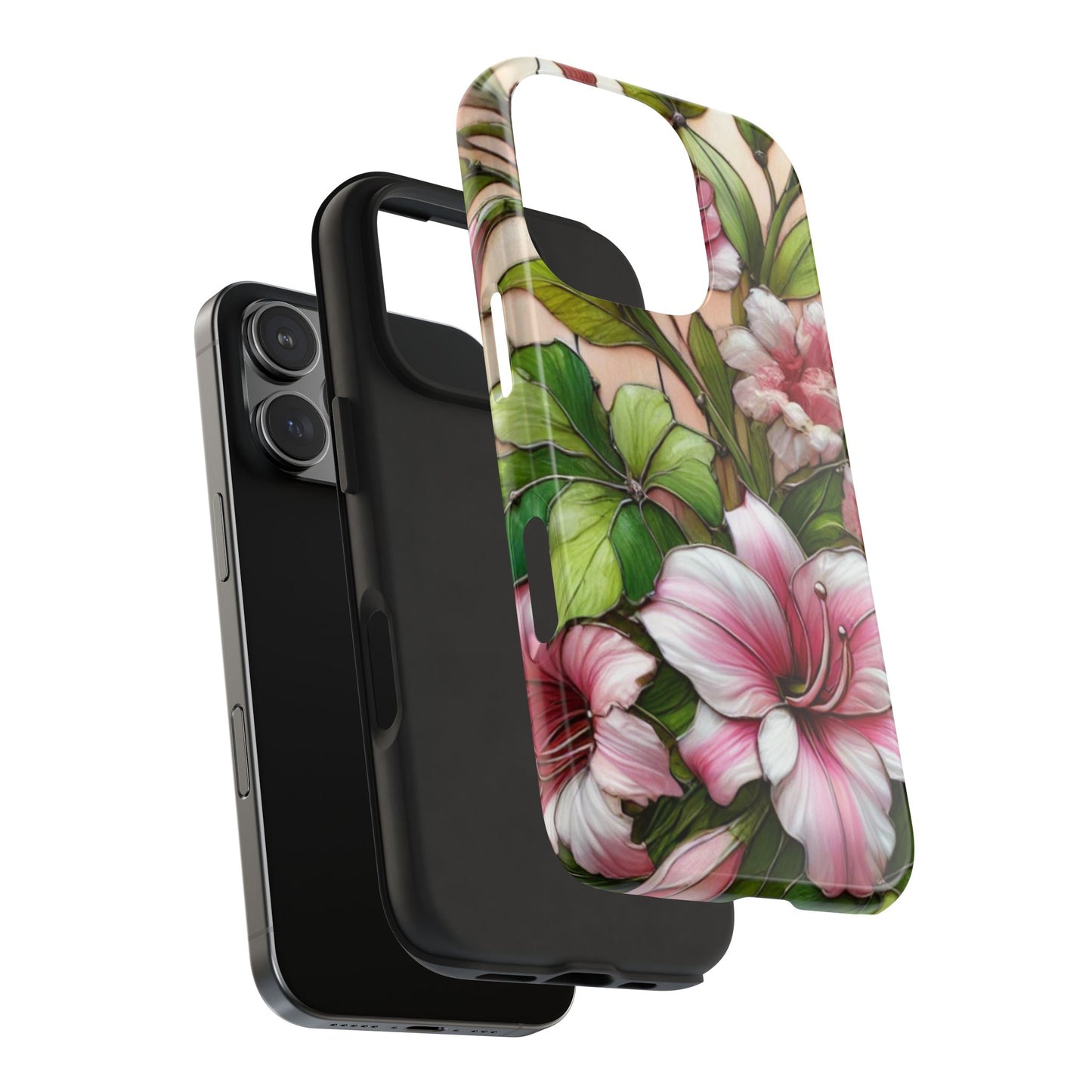 Floral Tough Phone Case - Durable Protection with Tropical Hibiscus Pink and Green Design
