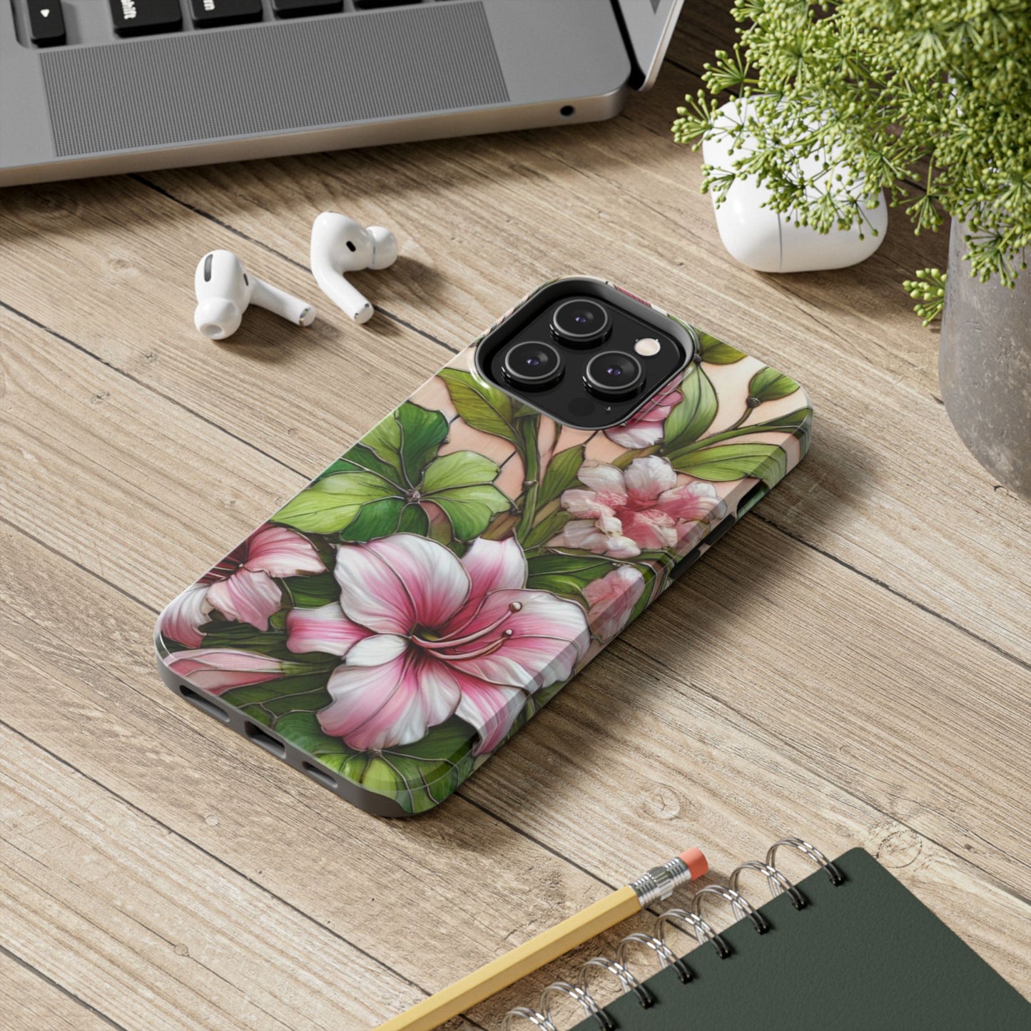 Floral Tough Phone Case - Durable Protection with Tropical Hibiscus Pink and Green Design