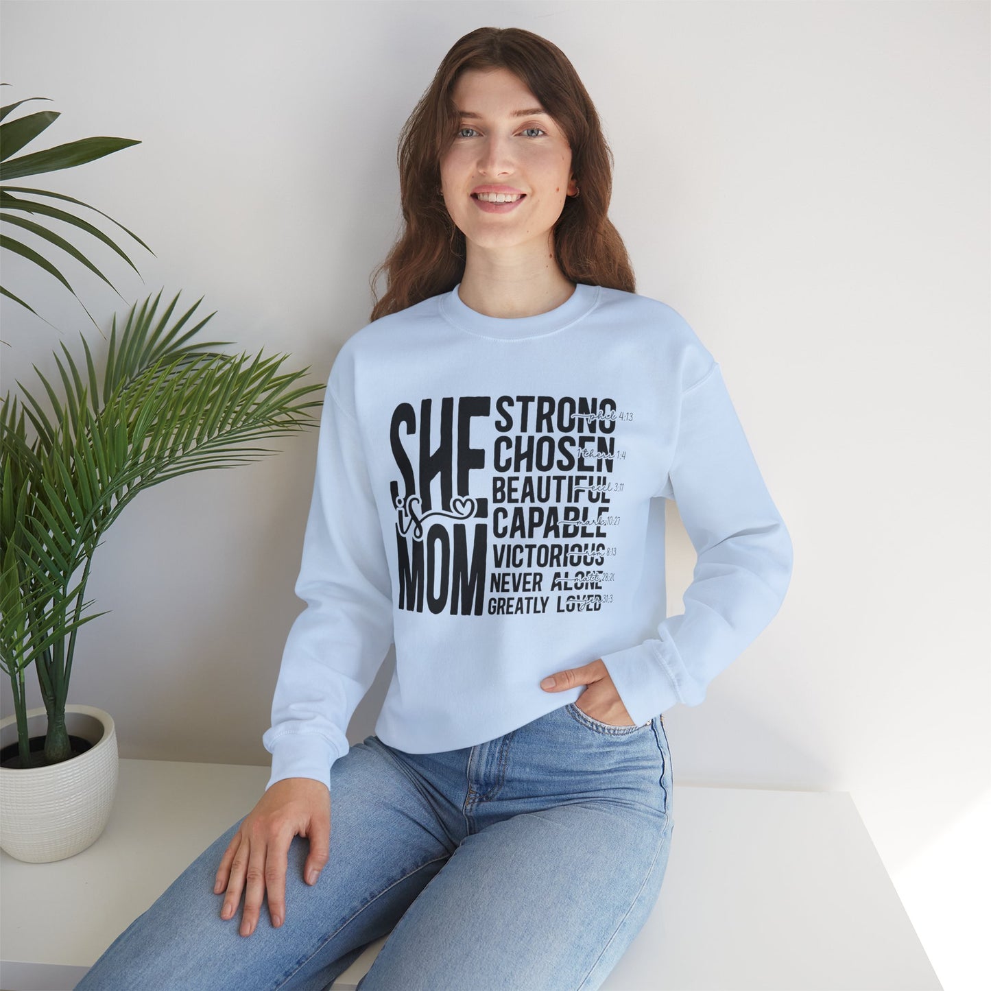 Inspirational Mom Crewneck Sweatshirt - Strong, Chosen, Capable Design