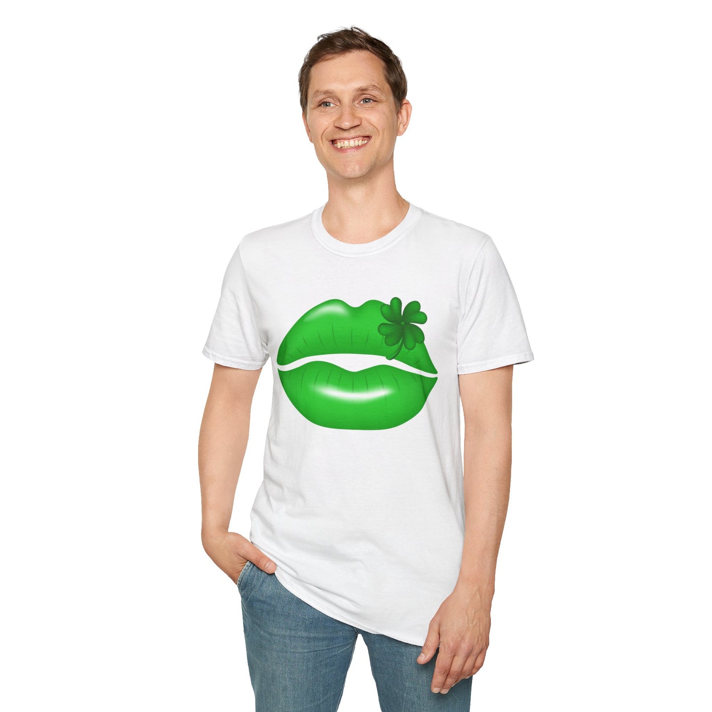 Luck of the Irish Unisex Softstyle T-Shirt - Green Kiss & Shamrock Design