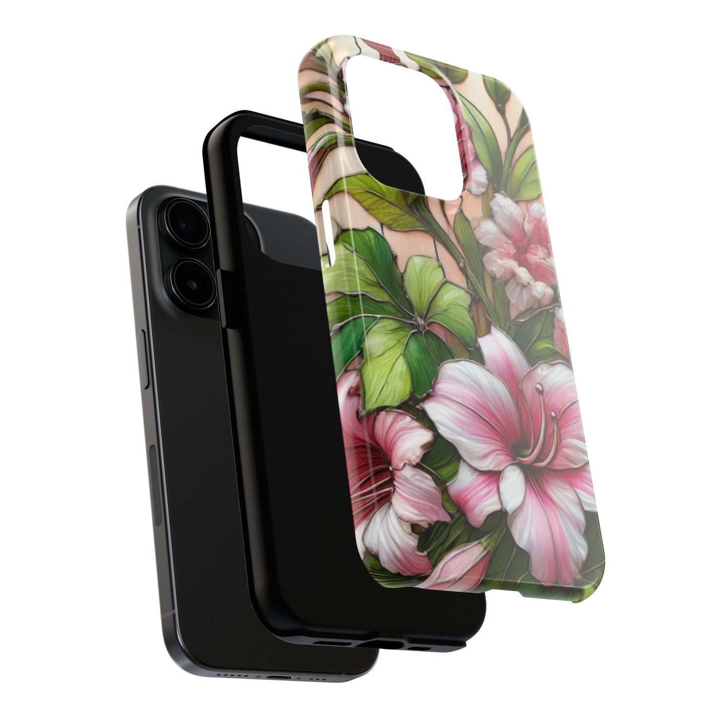 Floral Tough Phone Case - Durable Protection with Tropical Hibiscus Pink and Green Design