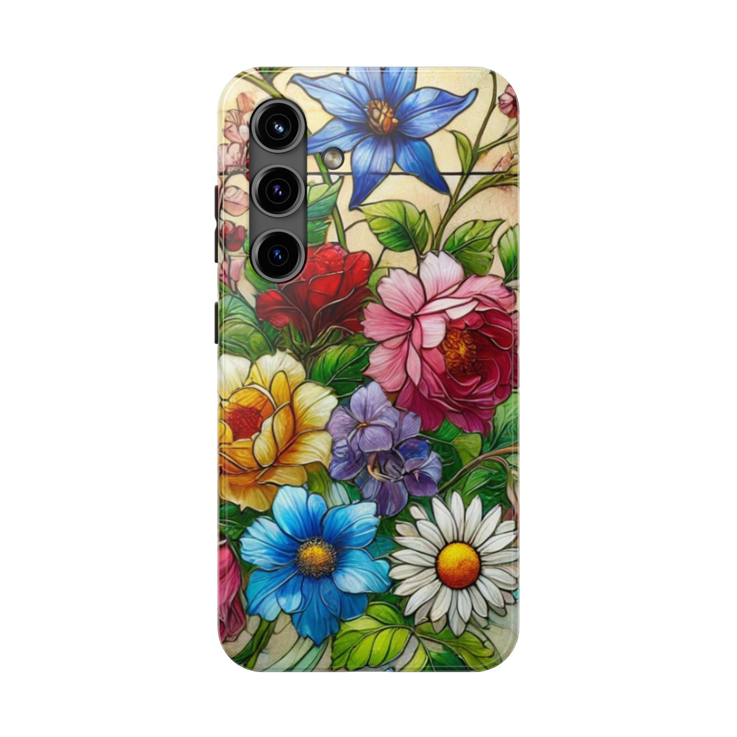 Colorful Floral Stained Glass Look Tough Phone Case - Durable Protection with Vibrant Flower Design