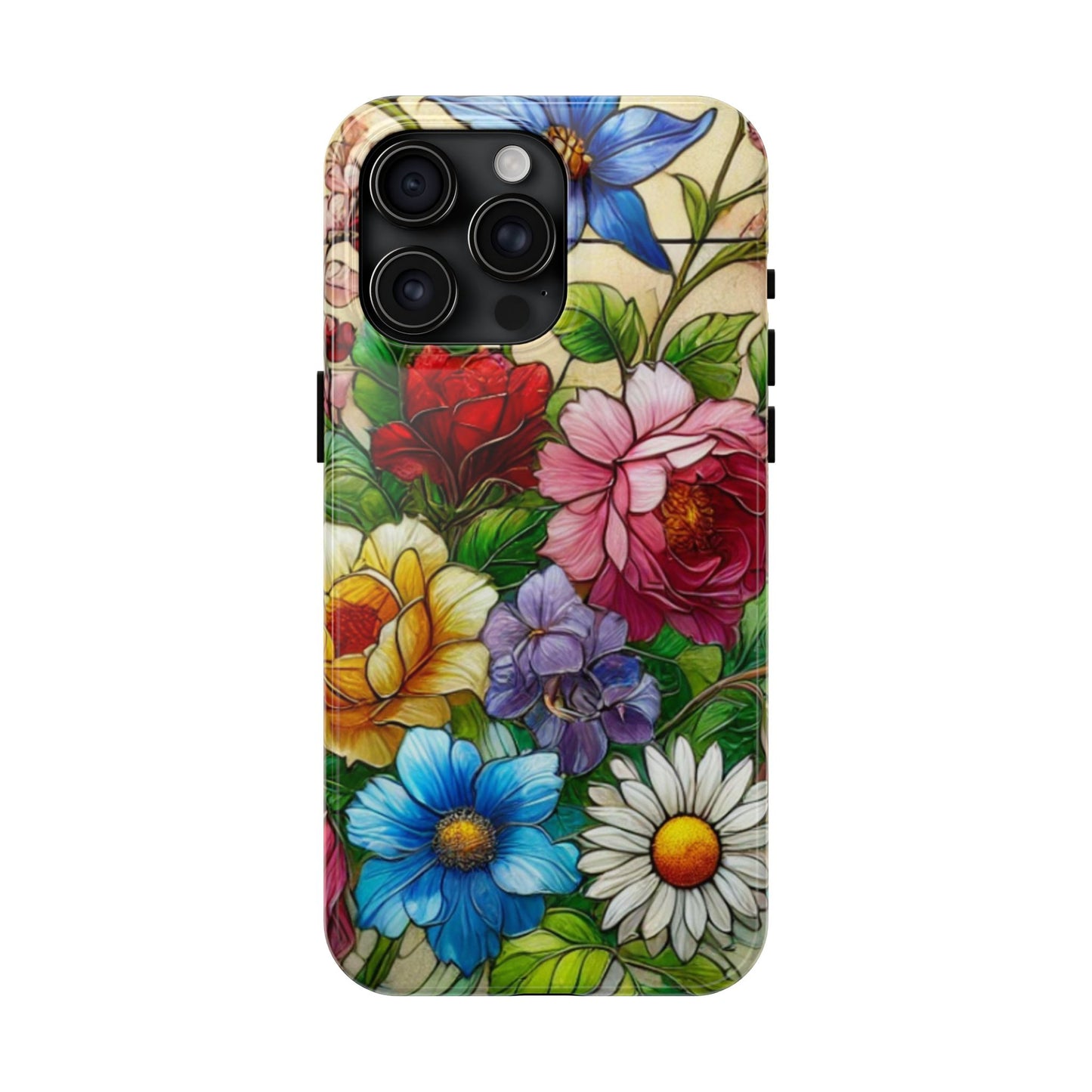 Colorful Floral Stained Glass Look Tough Phone Case - Durable Protection with Vibrant Flower Design