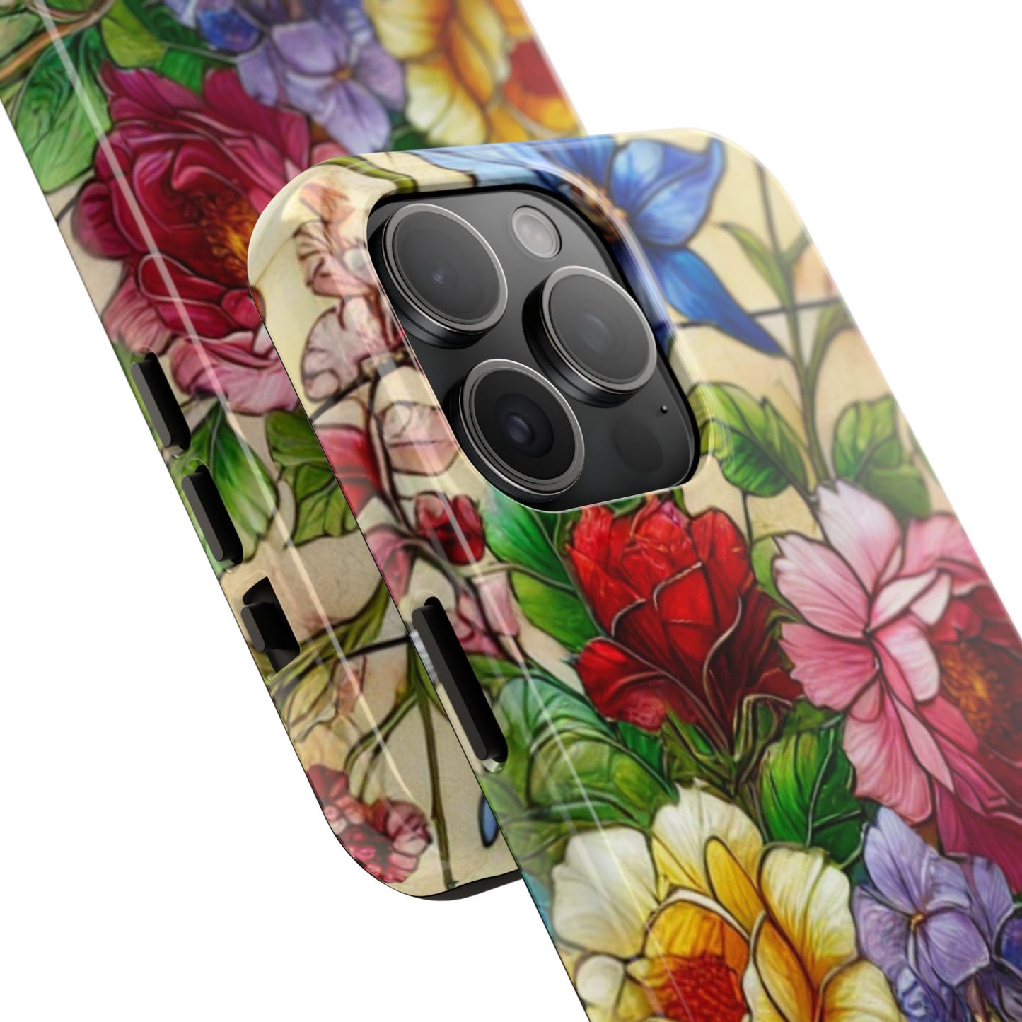 Colorful Floral Stained Glass Look Tough Phone Case - Durable Protection with Vibrant Flower Design