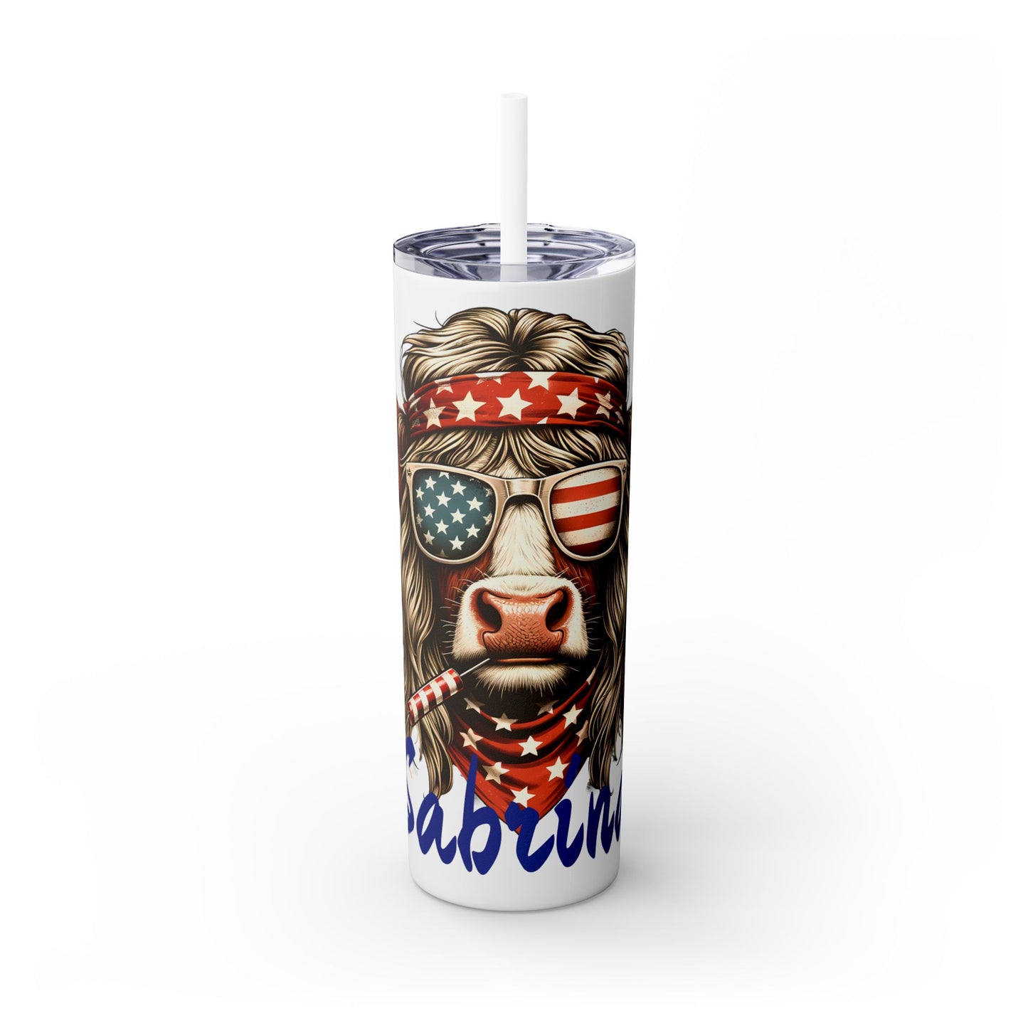 Personalized Patriotic Cow Tumbler, Custom Personalized Skinny Tumbler with Straw for Fourth of July
