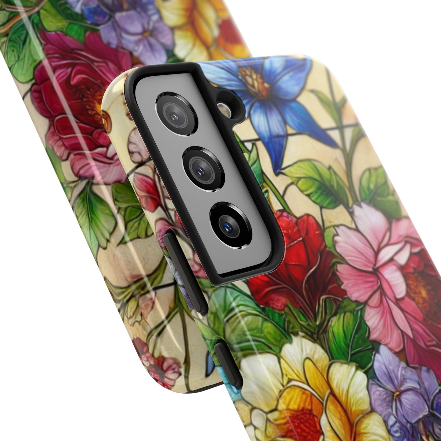 Colorful Floral Stained Glass Look Tough Phone Case - Durable Protection with Vibrant Flower Design