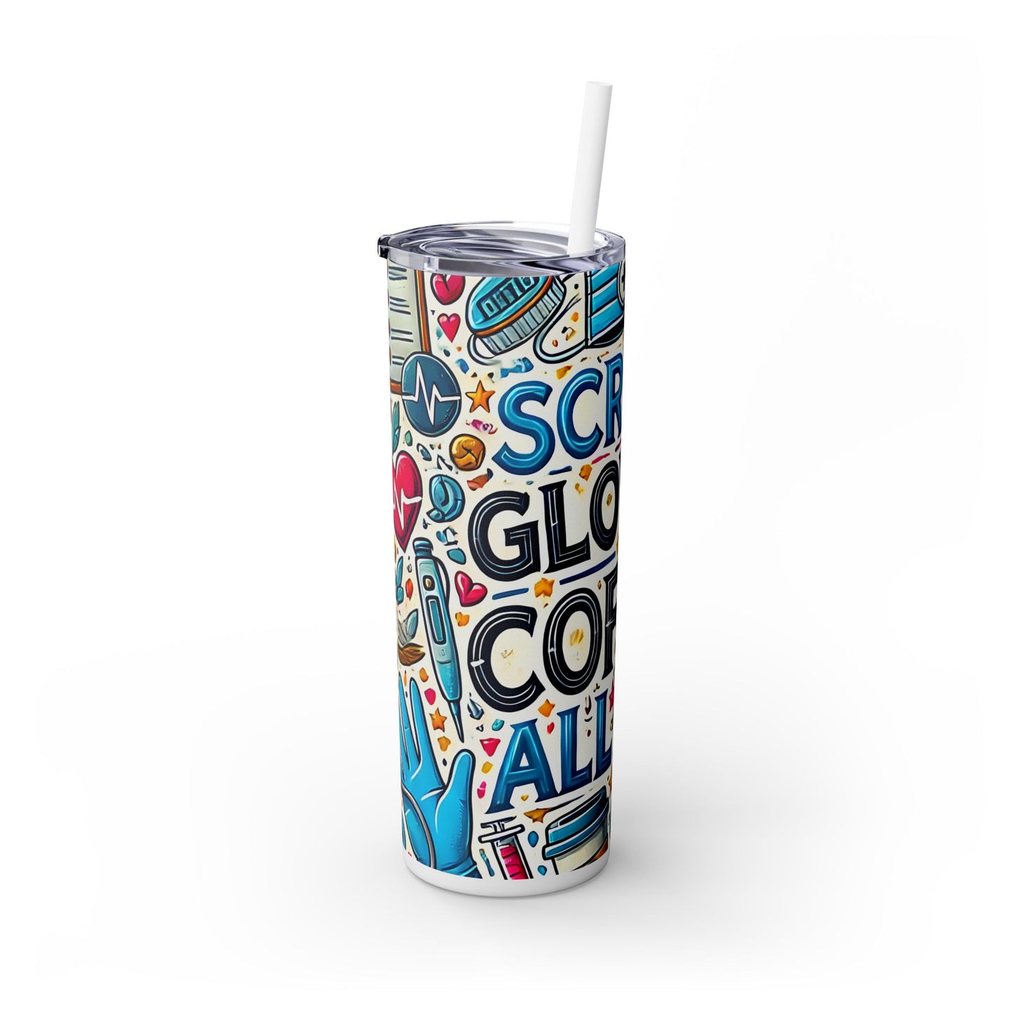 Nurse Coffee Tumbler with Straw - 20oz Scrubs, Gloves, Coffee Design