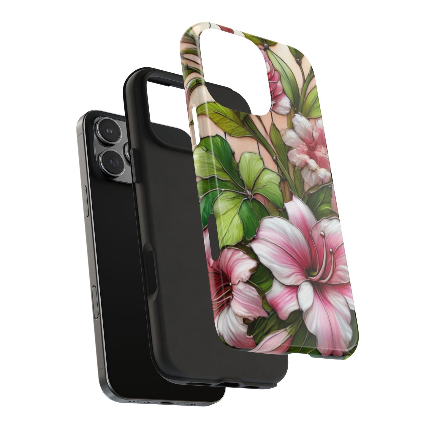 Floral Tough Phone Case - Durable Protection with Tropical Hibiscus Pink and Green Design