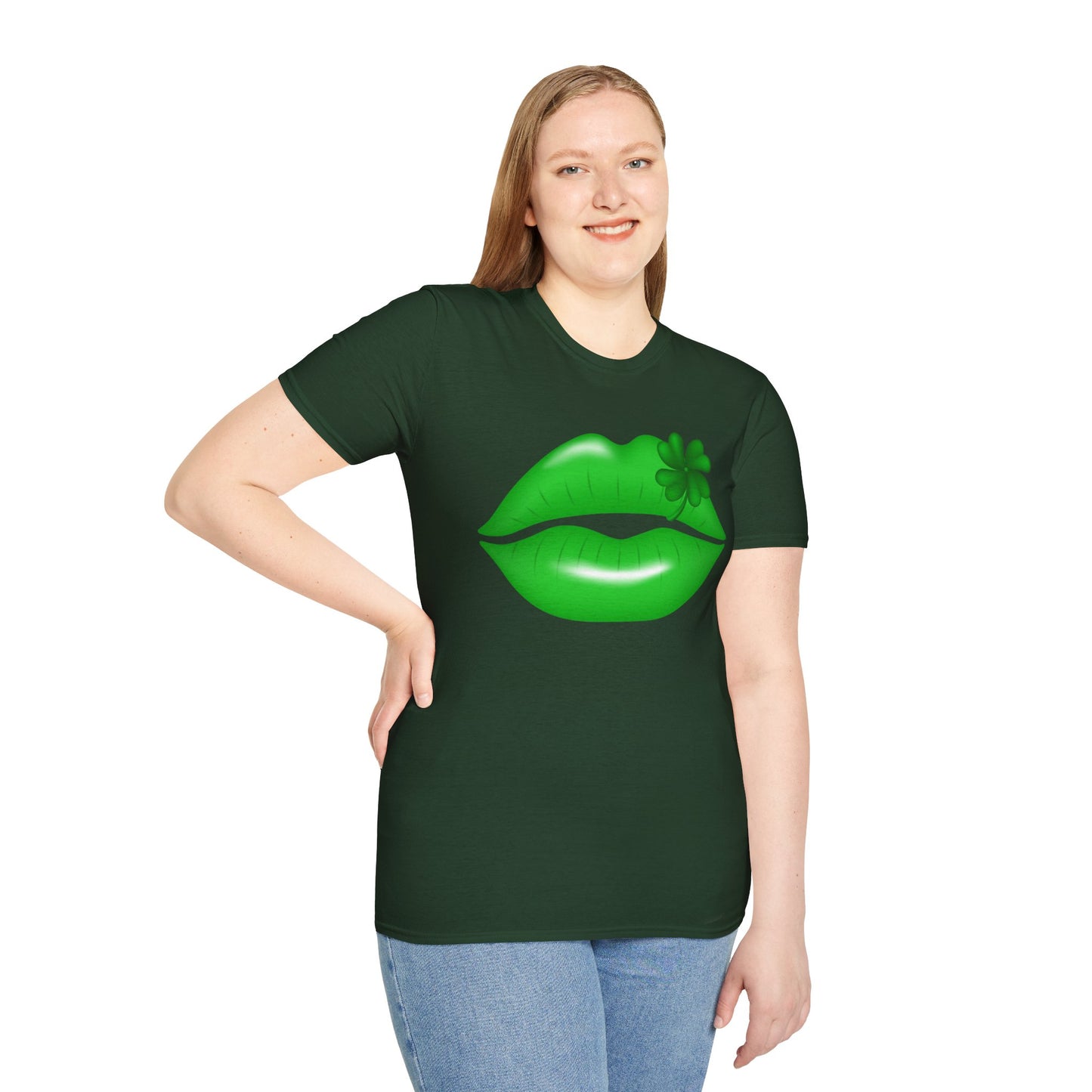 Luck of the Irish Unisex Softstyle T-Shirt - Green Kiss & Shamrock Design