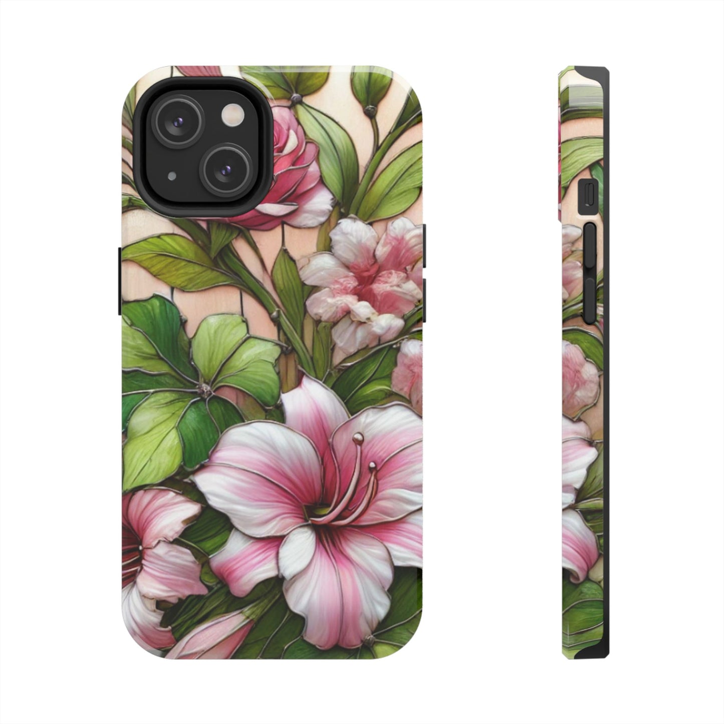 Floral Tough Phone Case - Durable Protection with Tropical Hibiscus Pink and Green Design